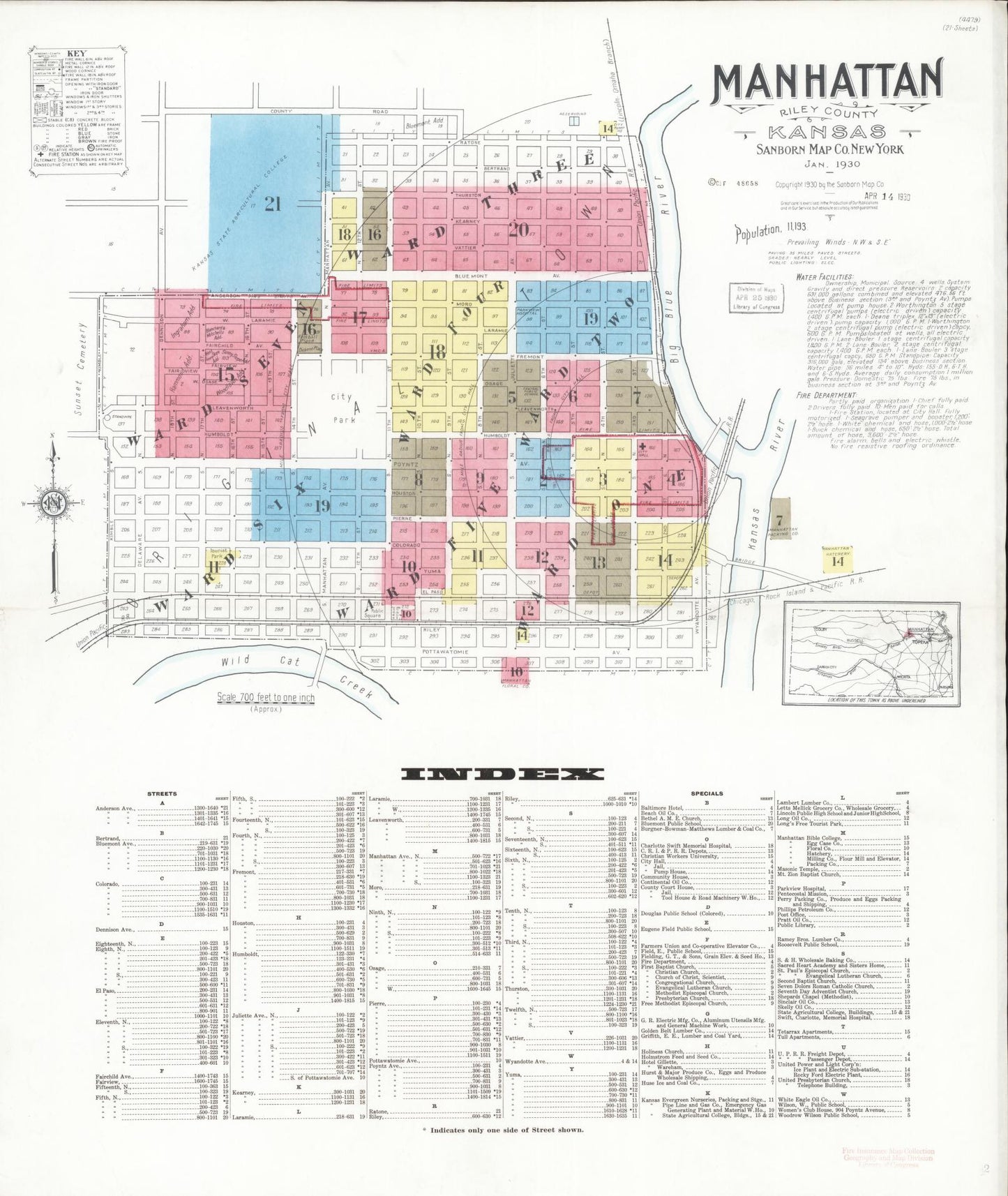 Sanborn Fire Insurance Map from Manhattan, Riley County, Kansas (1930), Sheet #0001 - Historic Sanborn Fire Insurance Map Print, vintage old map wall art, antique decor, genealogy gift, Kansas Kansas map