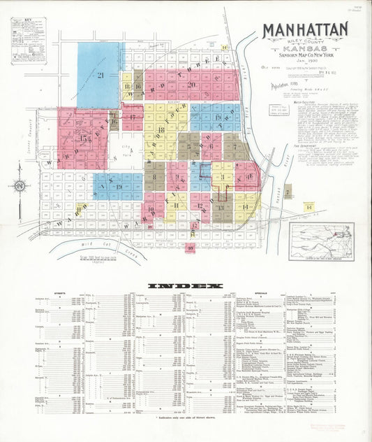 Sanborn Fire Insurance Map from Manhattan, Riley County, Kansas (1930), Sheet #0001 - Historic Sanborn Fire Insurance Map Print, vintage old map wall art, antique decor, genealogy gift, Kansas Kansas map