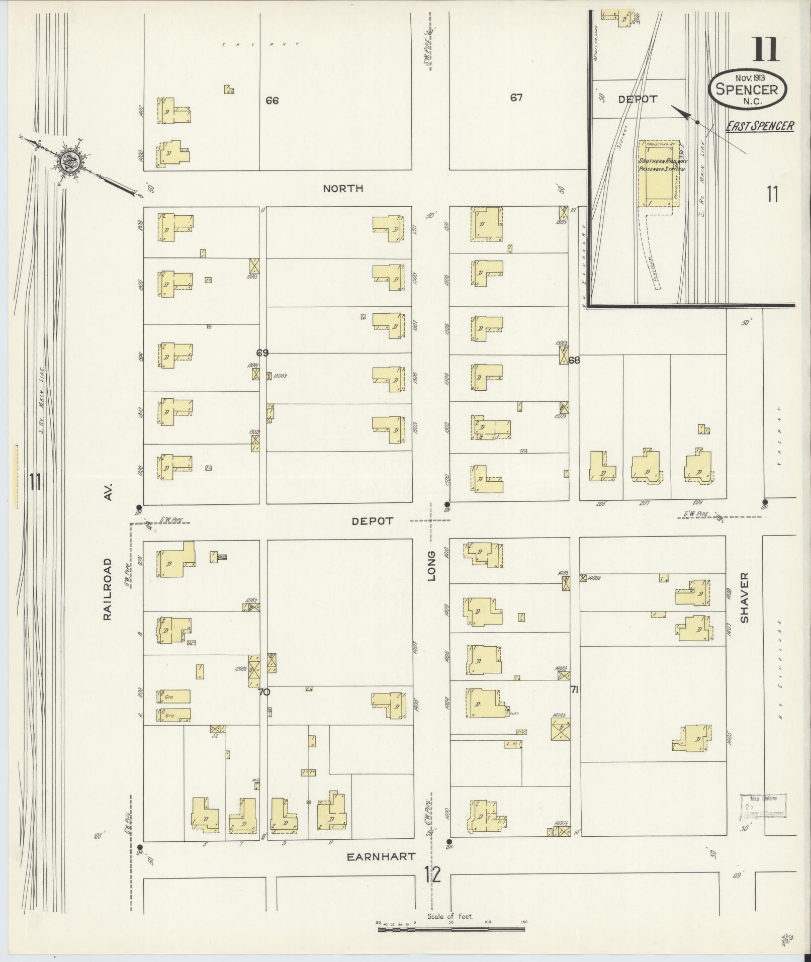 Sanborn Fire Insurance Map from Spencer, Rowan County, North Carolina (1913), Sheet #0011 - Complete Map Set gallery image, historic Sanborn map, vintage wall art, North Carolina North Carolina