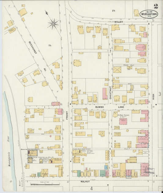 Sanborn Fire Insurance Map from Morgantown, Monongalia County, West Virginia (1899), Sheet #0002 - Historic Sanborn Fire Insurance Map Print, vintage old map wall art, antique decor, genealogy gift, West Virginia West Virginia map