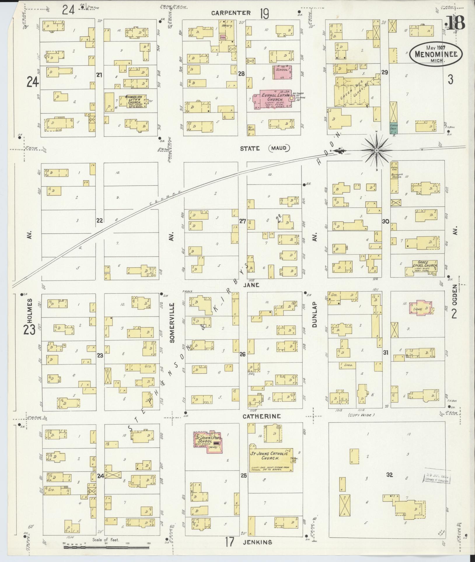 Sanborn Fire Insurance Map from Menominee, Menominee County, Michigan (1907), Sheet #0018 - Complete Map Set gallery image, historic Sanborn map, vintage wall art, Michigan Michigan