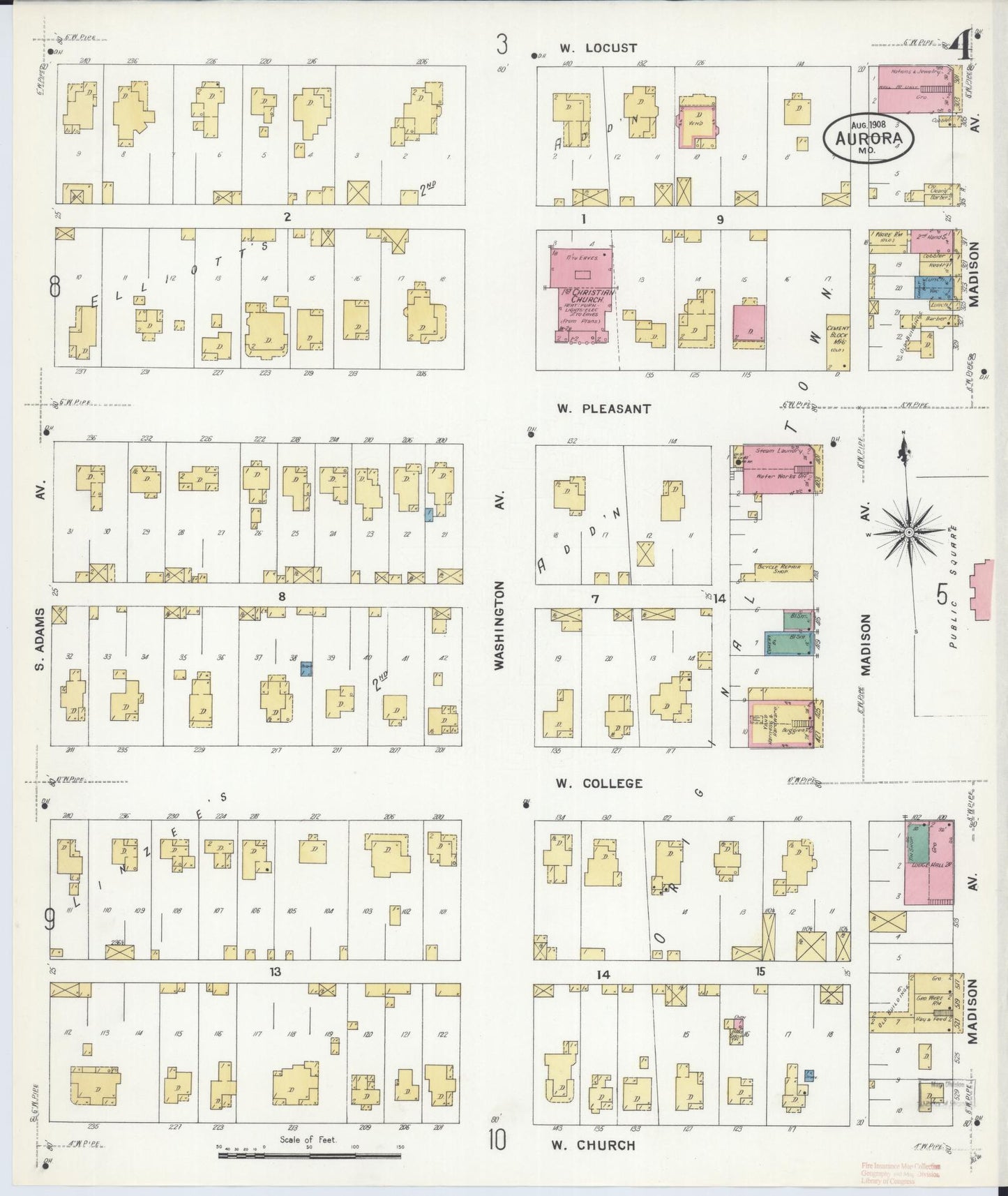 Sanborn Fire Insurance Map from Aurora, Lawrence County, Missouri (1908), Sheet #0004 - Historic Sanborn Fire Insurance Map Print, vintage old map wall art, antique decor, genealogy gift, Missouri Missouri map