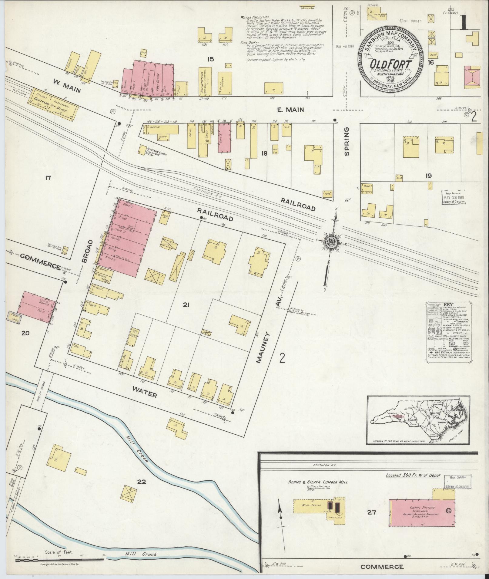 Sanborn Fire Insurance Map from Old Fort, Mcdowell County, North Carolina (1918), Sheet #0001 - Complete Map Set gallery image, historic Sanborn map, vintage wall art, North Carolina North Carolina
