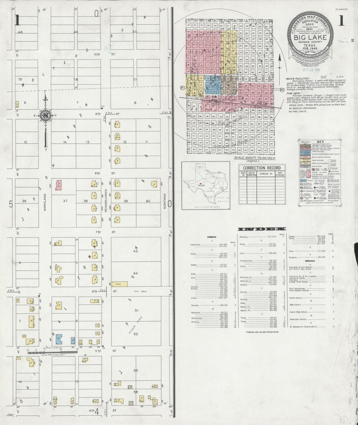 Sanborn Fire Insurance Map from Big Lake, Reagan County, Texas (1949), Sheet #0001 - Complete Map Set gallery image, historic Sanborn map, vintage wall art, Texas Texas
