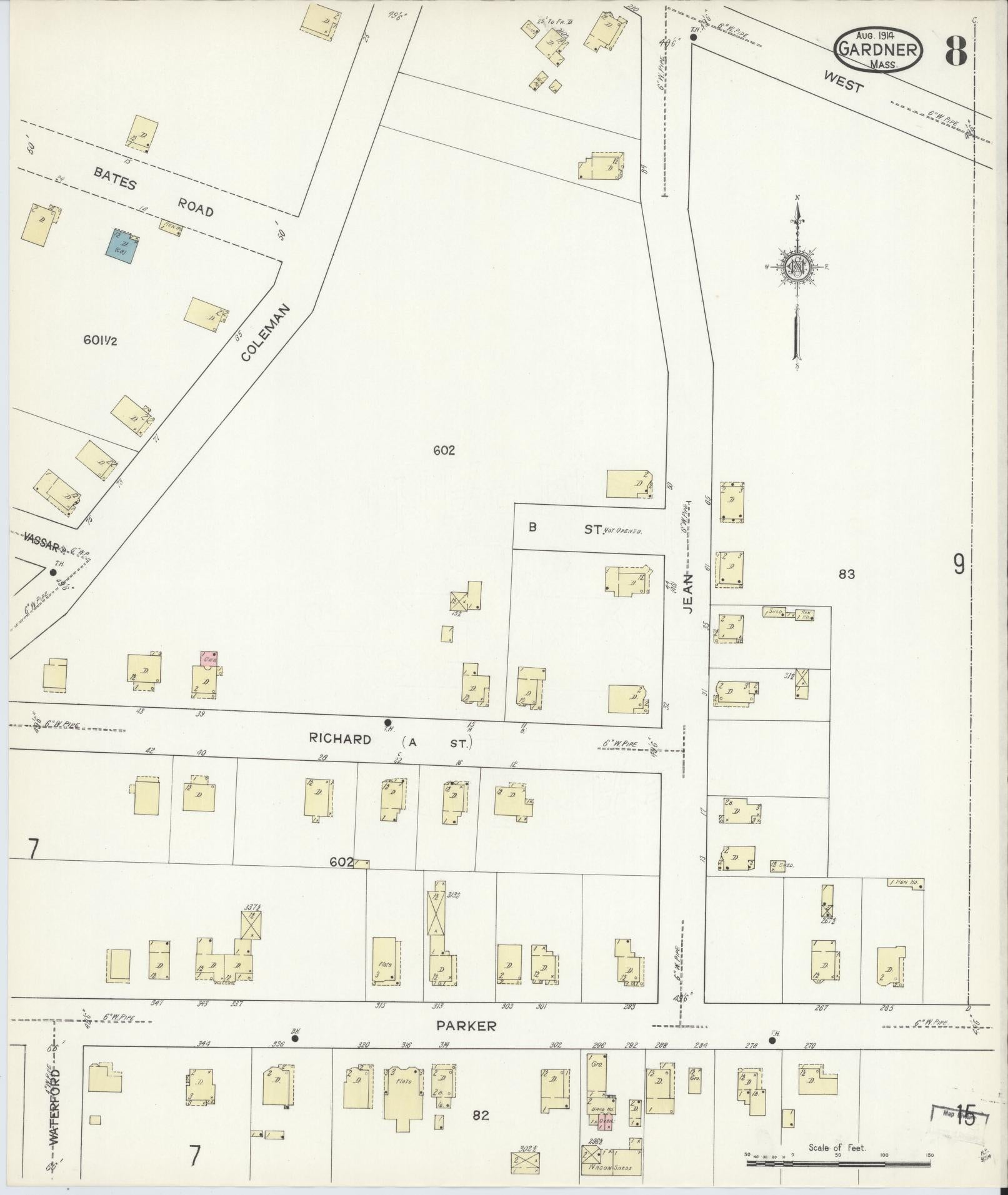 Sanborn Fire Insurance Map from Gardner, Worcester County, Massachusetts (1914), Sheet #0008 - Historic Sanborn Fire Insurance Map Print, vintage old map wall art, antique decor, genealogy gift, Massachusetts Massachusetts map