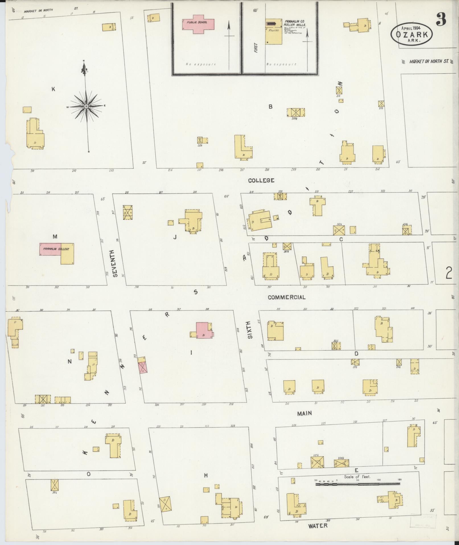 Sanborn Fire Insurance Map from Ozark, Franklin County, Arkansas (1904), Sheet #0003 - Historic Sanborn Fire Insurance Map Print, vintage old map wall art, antique decor, genealogy gift, Arkansas Arkansas map