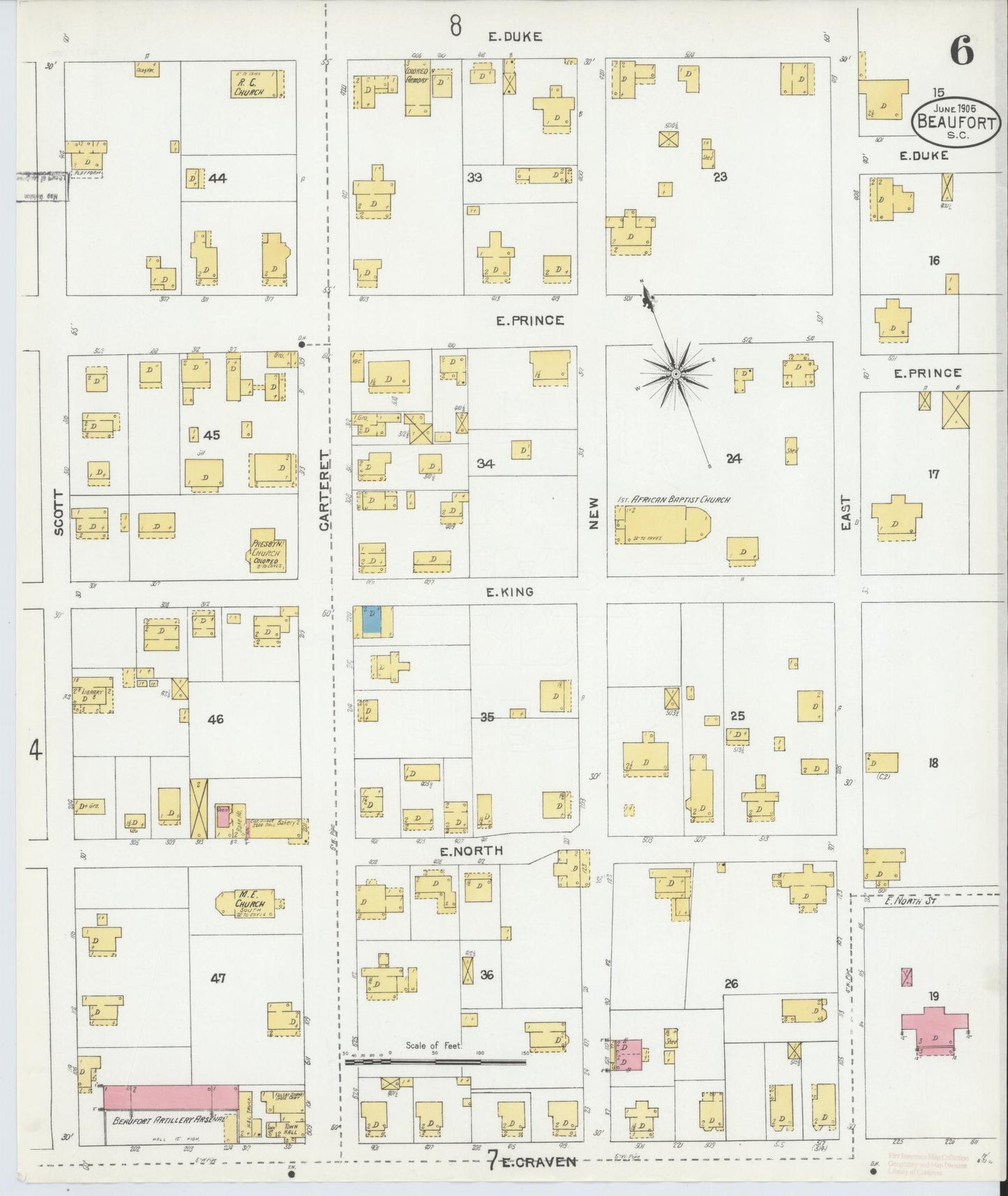 Sanborn Fire Insurance Map from Beaufort, Beaufort County, South Carolina (1905), Sheet #0006 - Complete Map Set gallery image, historic Sanborn map, vintage wall art, South Carolina South Carolina