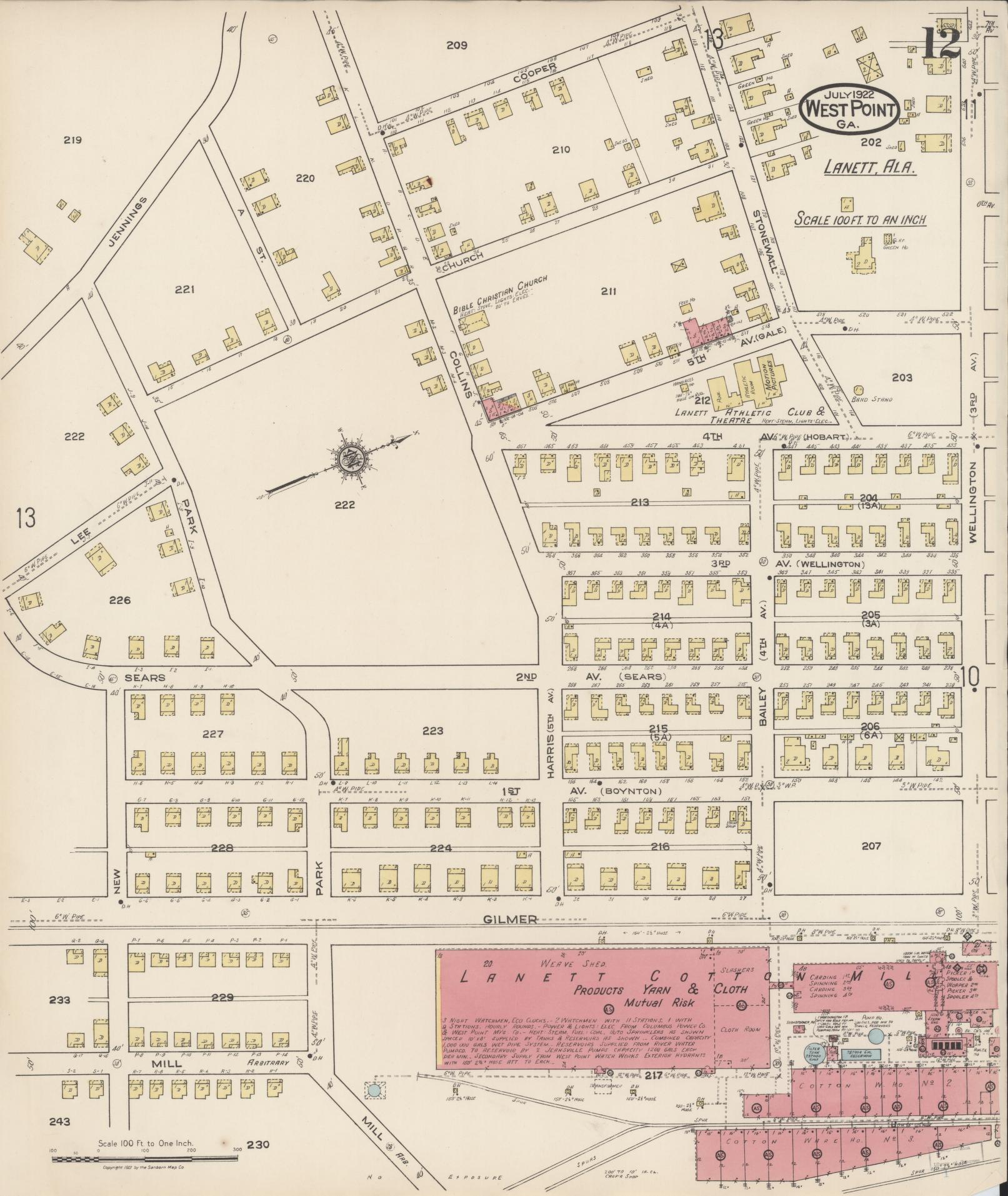 Sanborn Fire Insurance Map from West Point, Troup County, Georgia (1922), Sheet #0012 - Complete Map Set gallery image, historic Sanborn map, vintage wall art, Alabama Alabama