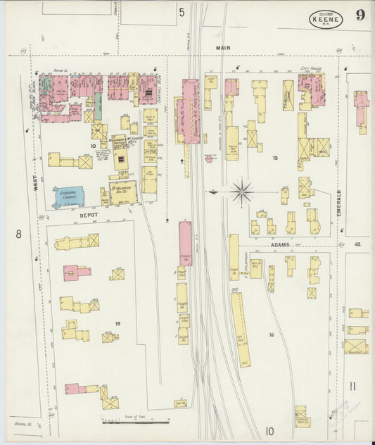 Sanborn Fire Insurance Map from Keene, Cheshire County, New Hampshire (1897), Sheet #0009 - Historic Sanborn Fire Insurance Map Print, vintage old map wall art, antique decor, genealogy gift, New Hampshire New Hampshire map