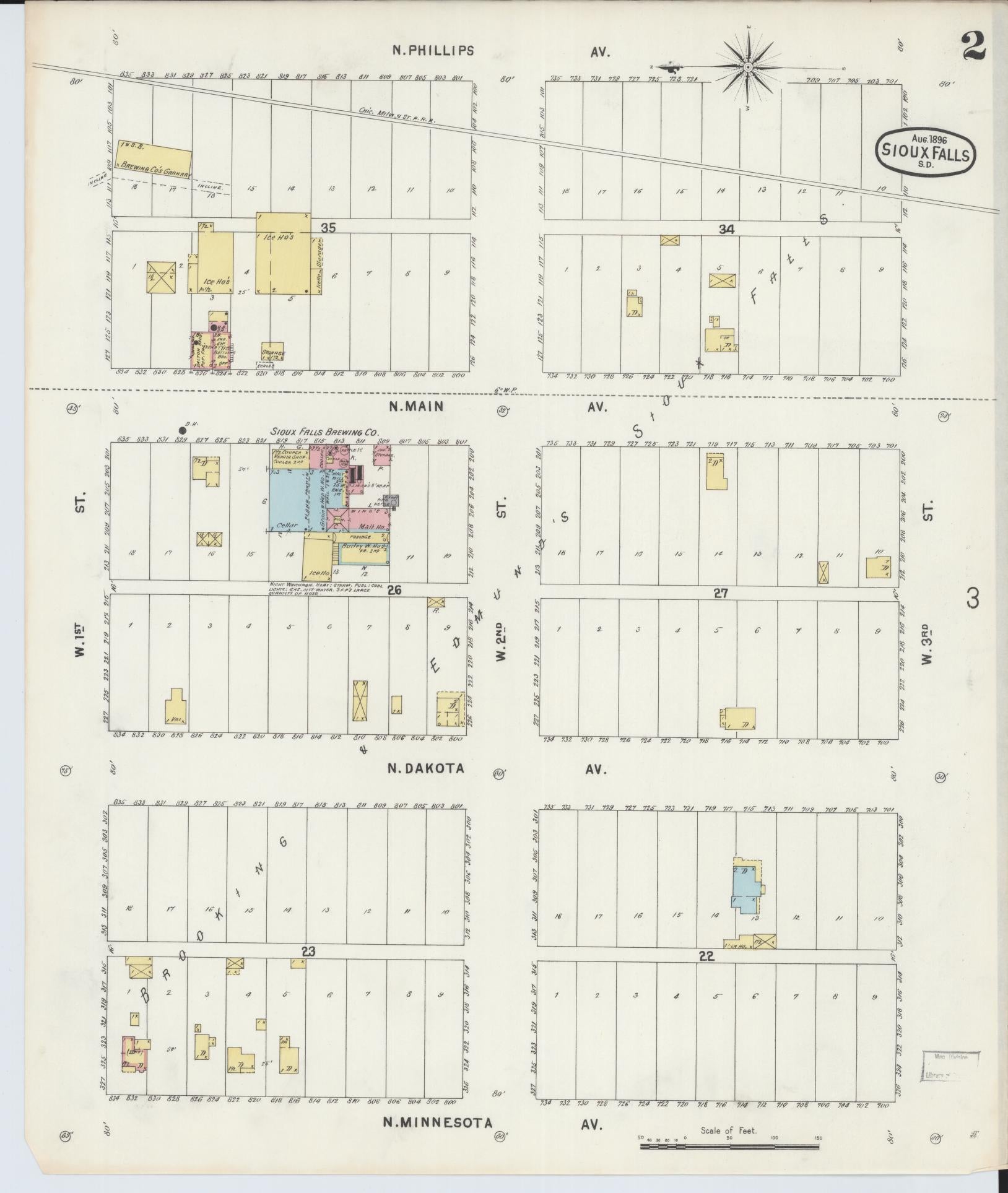 Sanborn Fire Insurance Map from Sioux Falls, Minnehaha County, South Dakota (1896), Sheet #0002 - Historic Sanborn Fire Insurance Map Print, vintage old map wall art, antique decor, genealogy gift, South Dakota South Dakota map