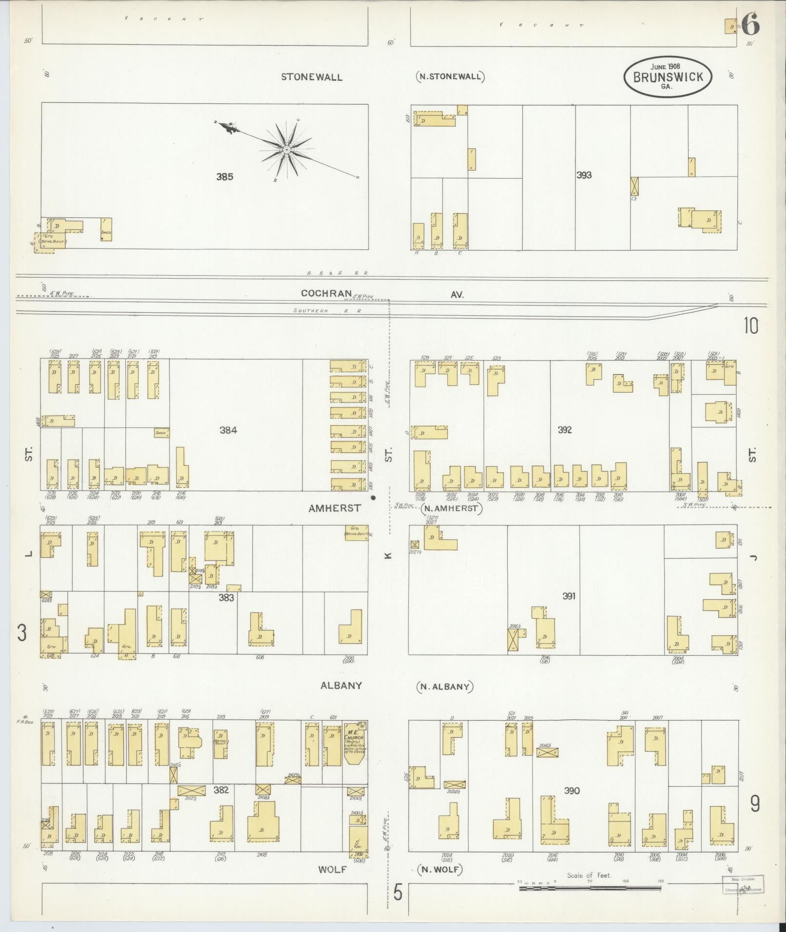Sanborn Fire Insurance Map from Brunswick, Glynn County, Georgia (1908), Sheet #0006 - Complete Map Set gallery image, historic Sanborn map, vintage wall art, Georgia Georgia