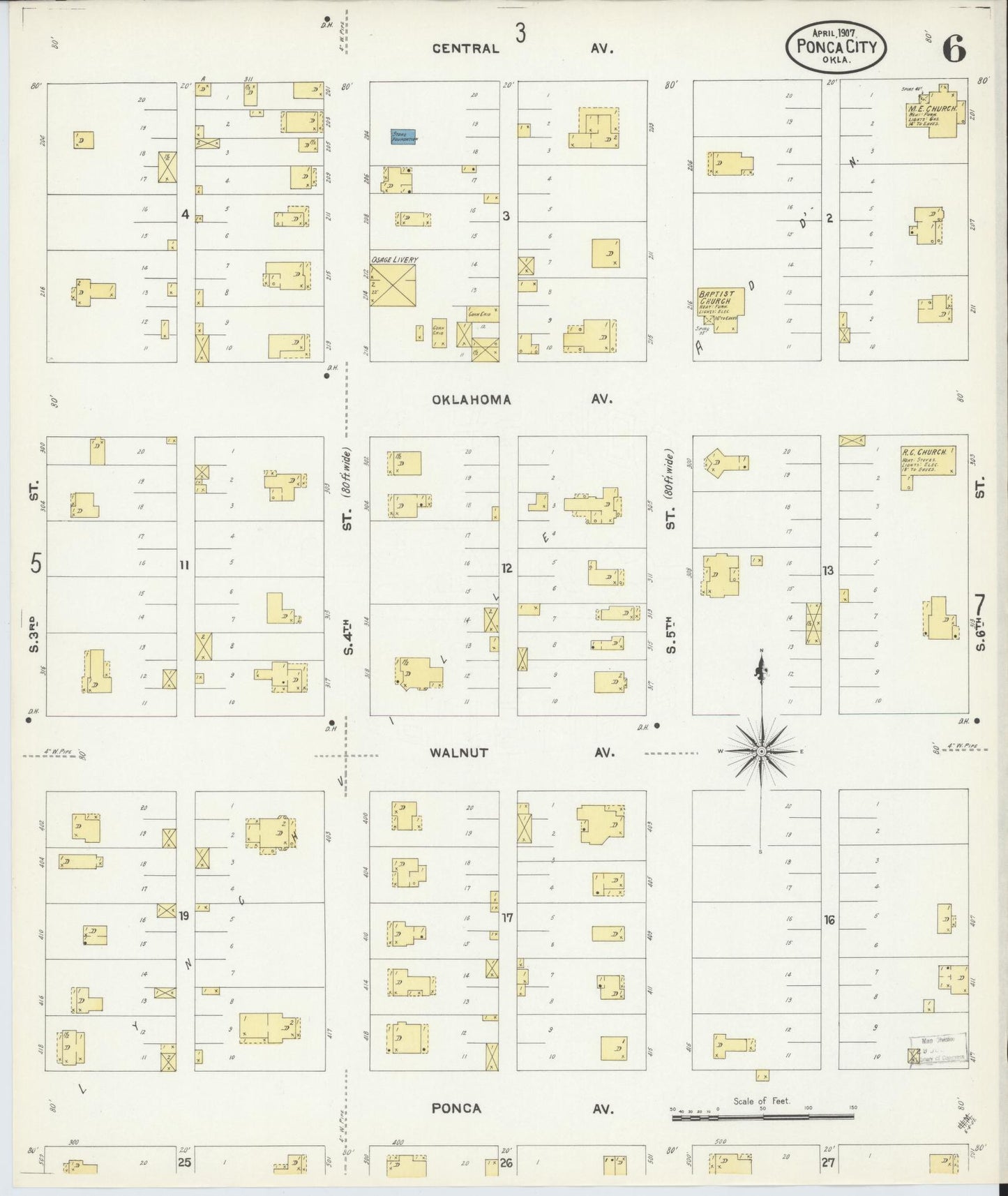 Sanborn Fire Insurance Map from Ponca City, Kay County, Oklahoma (1907), Sheet #0006 - Complete Map Set gallery image, historic Sanborn map, vintage wall art, Oklahoma Oklahoma