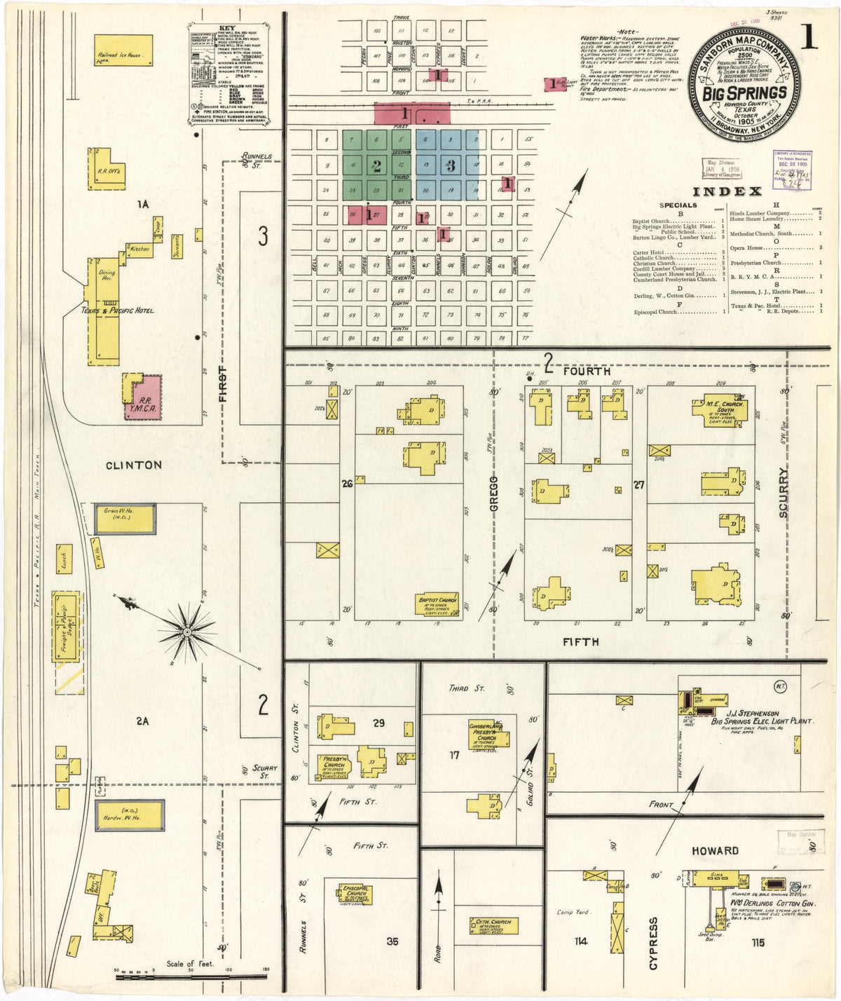 Sanborn Fire Insurance Map from Big Spring, Howard County, Texas (1905), Sheet #0001 - Historic Sanborn Fire Insurance Map Print, vintage old map wall art, antique decor, genealogy gift, Texas Texas map