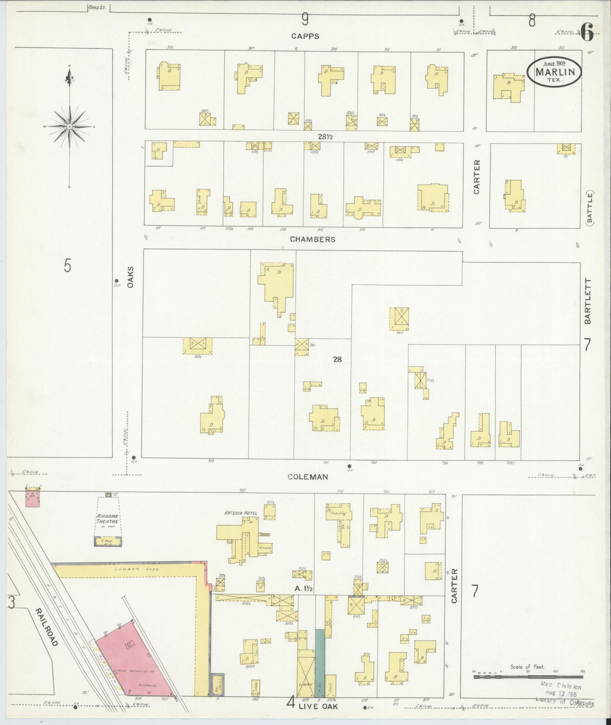 Sanborn Fire Insurance Map from Marlin, Falls County, Texas (1909), Sheet #0006 - Historic Sanborn Fire Insurance Map Print, vintage old map wall art, antique decor, genealogy gift, Texas Texas map