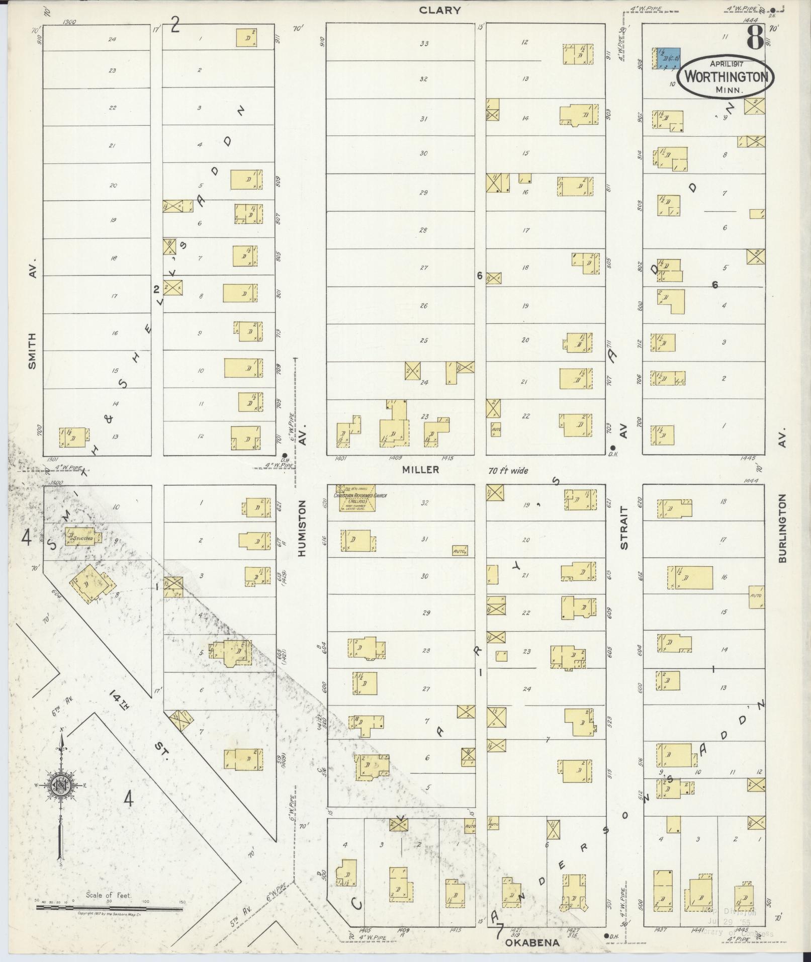Sanborn Fire Insurance Map from Worthington, Nobles County, Minnesota (1917), Sheet #0008 - Complete Map Set gallery image, historic Sanborn map, vintage wall art, Minnesota Minnesota