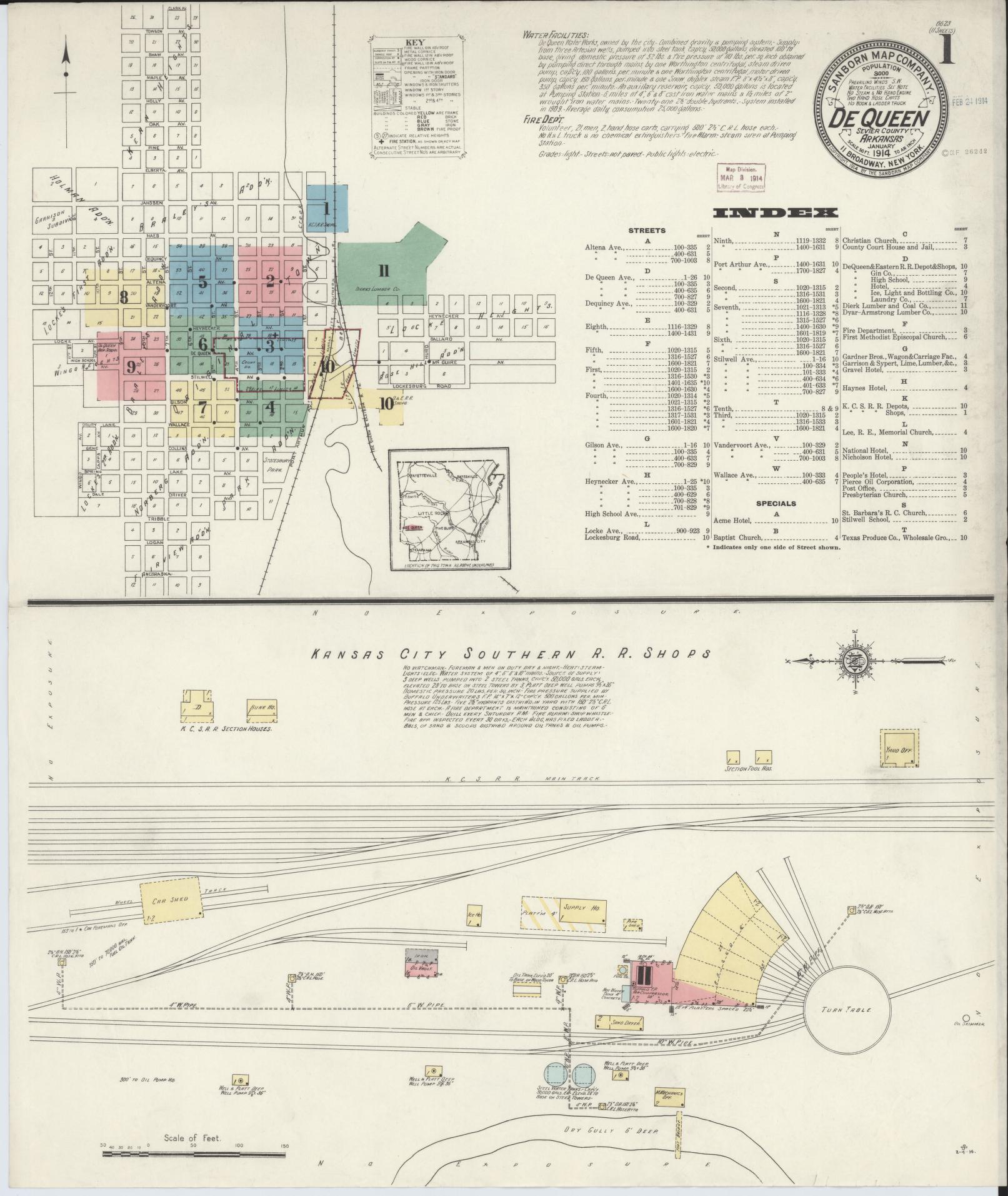 Sanborn Fire Insurance Map from De Queen, Sevier County, Arkansas (1914), Sheet #0001 - Complete Map Set gallery image, historic Sanborn map, vintage wall art, Arkansas Arkansas
