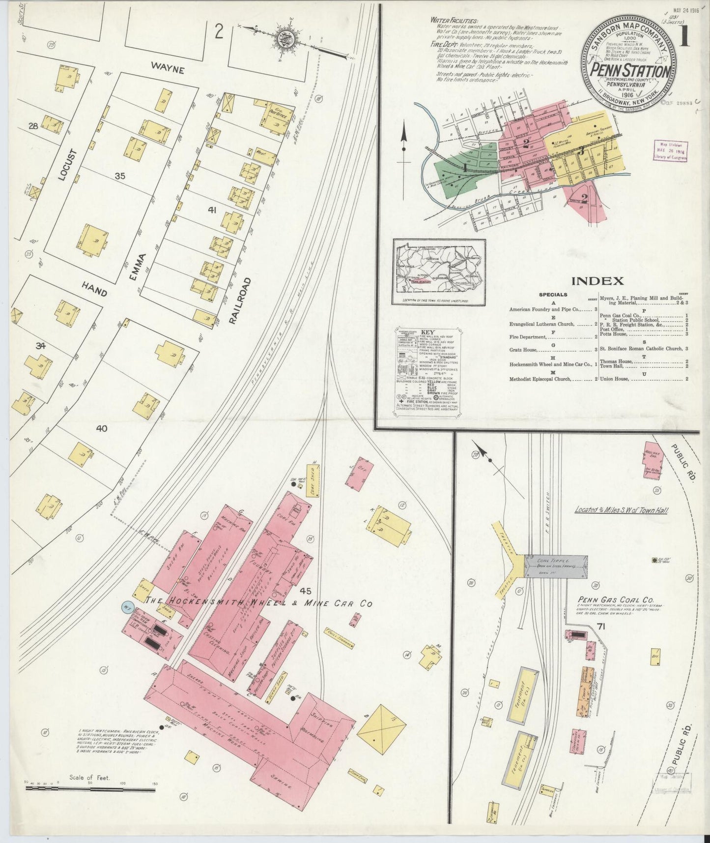 Sanborn Fire Insurance Map from Penn Station, Westmoreland County, Pennsylvania (1916), Sheet #0001 - Historic Sanborn Fire Insurance Map Print, vintage old map wall art, antique decor, genealogy gift, Pennsylvania Pennsylvania map