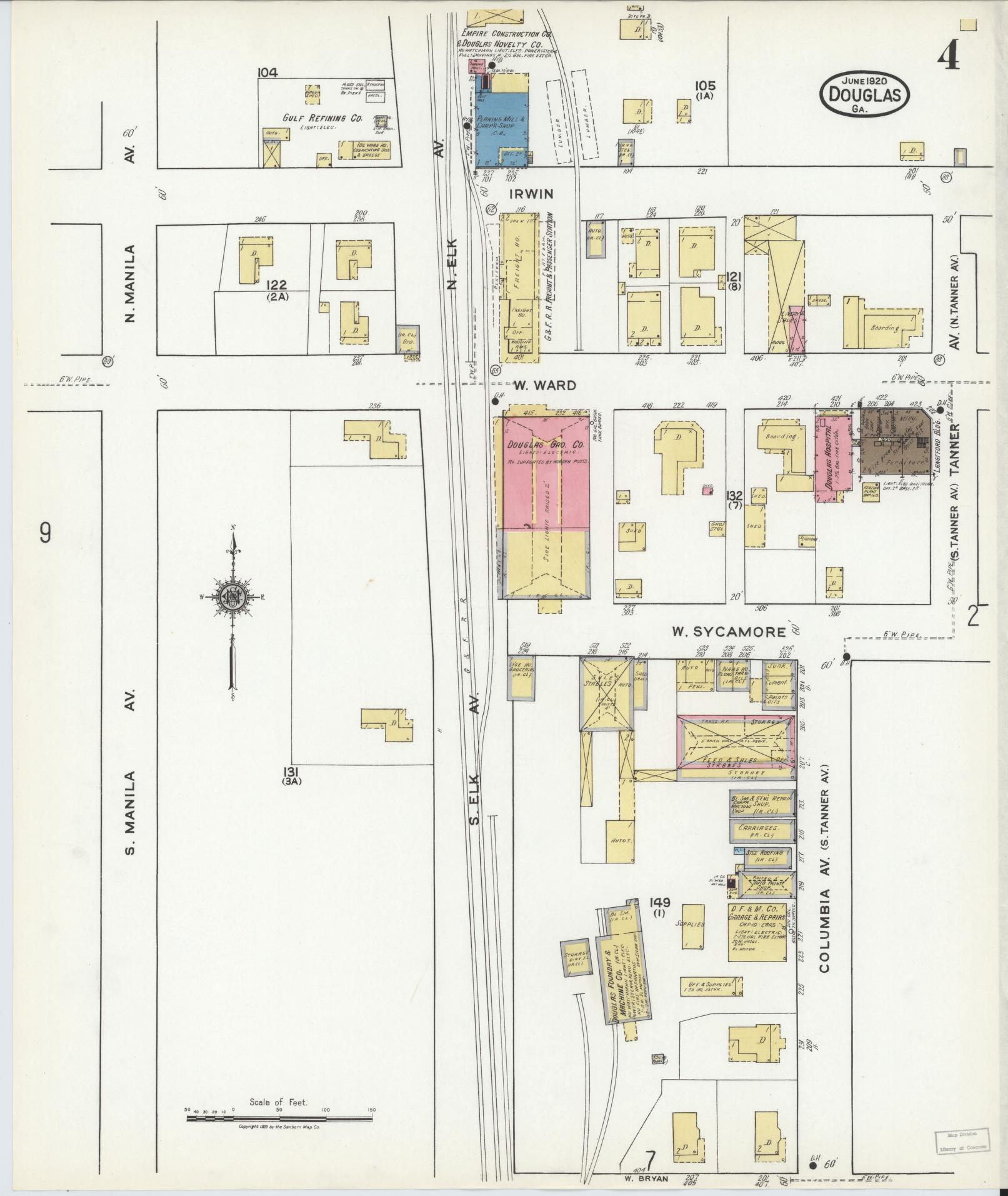 Sanborn Fire Insurance Map from Douglas, Coffee County, Georgia (1920), Sheet #0004 - Historic Sanborn Fire Insurance Map Print, vintage old map wall art, antique decor, genealogy gift, Georgia Georgia map