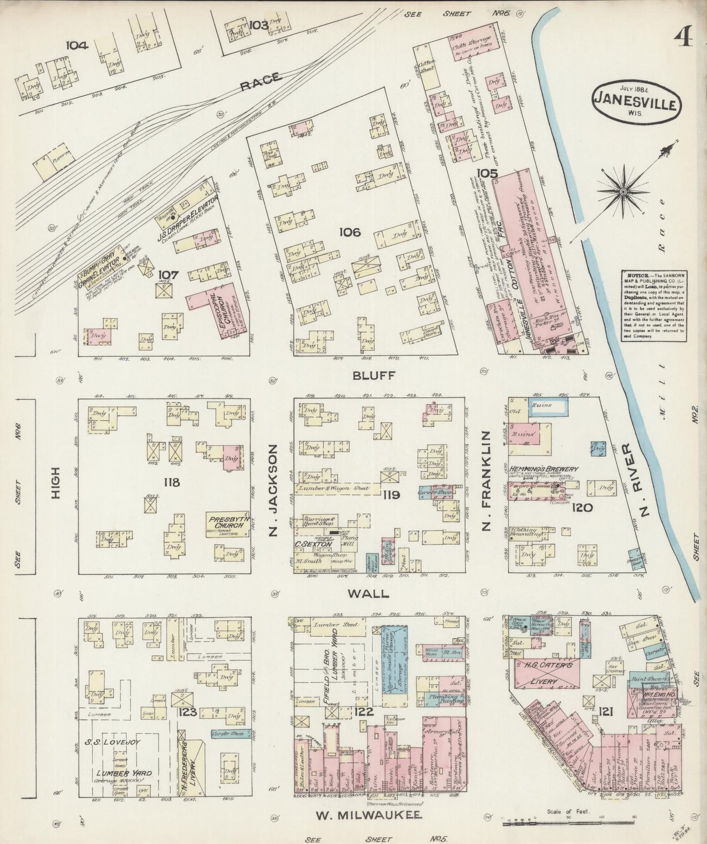 Sanborn Fire Insurance Map from Janesville, Rock County, Wisconsin (1884), Sheet #0004 - Historic Sanborn Fire Insurance Map Print, vintage old map wall art, antique decor, genealogy gift, Wisconsin Wisconsin map