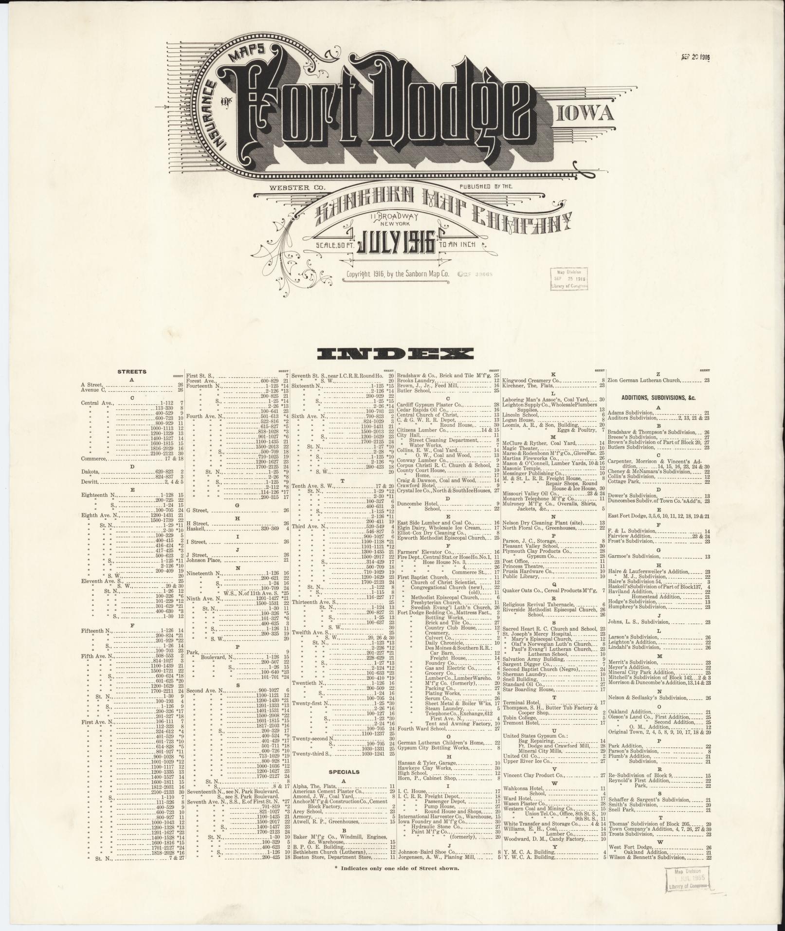 Sanborn Fire Insurance Map from Fort Dodge, Webster County, Iowa (1916), Sheet #0001 - Historic Sanborn Fire Insurance Map Print, vintage old map wall art