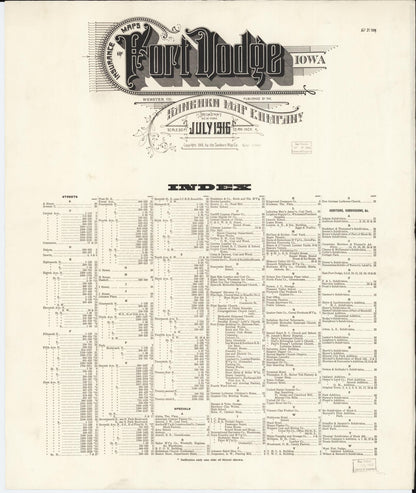 Sanborn Fire Insurance Map from Fort Dodge, Webster County, Iowa (1916), Sheet #0001 - Historic Sanborn Fire Insurance Map Print, vintage old map wall art