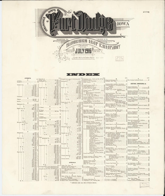 Sanborn Fire Insurance Map from Fort Dodge, Webster County, Iowa (1916), Sheet #0001 - Historic Sanborn Fire Insurance Map Print, vintage old map wall art