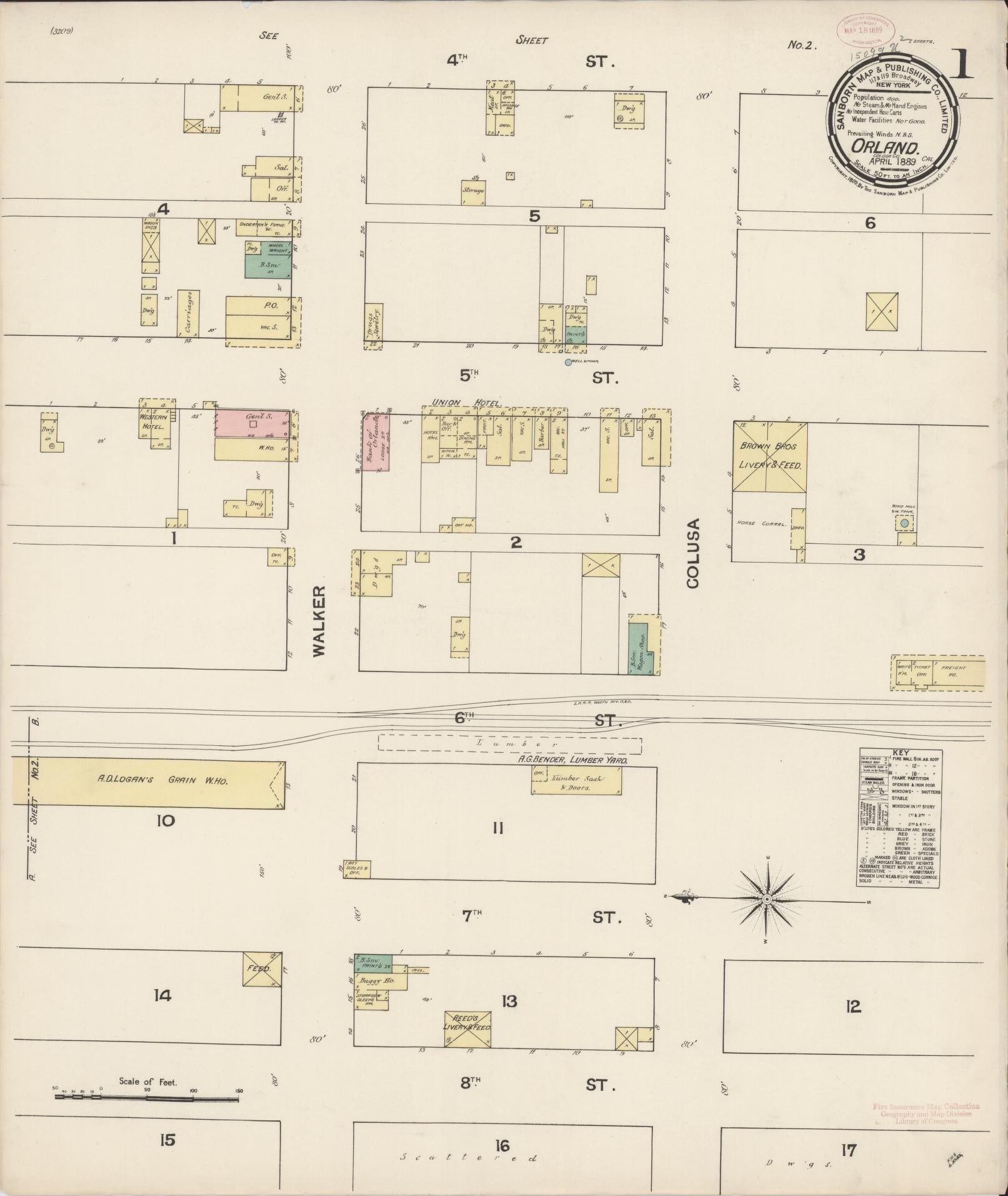 Sanborn Fire Insurance Map from Orland, Glenn County, California (1889), Sheet #0001 - Complete Map Set gallery image, historic Sanborn map, vintage wall art, California California
