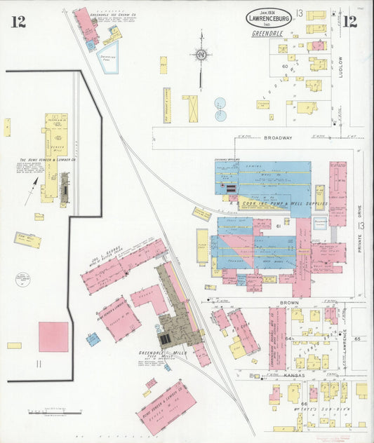 Sanborn Fire Insurance Map from Lawrenceburg, Dearborn County, Indiana (1931), Sheet #0012 - Historic Sanborn Fire Insurance Map Print, vintage old map wall art, antique decor, genealogy gift, Indiana Indiana map