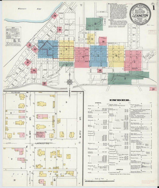 Sanborn Fire Insurance Map from Lexington, Lafayette County, Missouri (1910), Sheet #0001 - Historic Sanborn Fire Insurance Map Print, vintage old map wall art, antique decor, genealogy gift, Missouri Missouri map