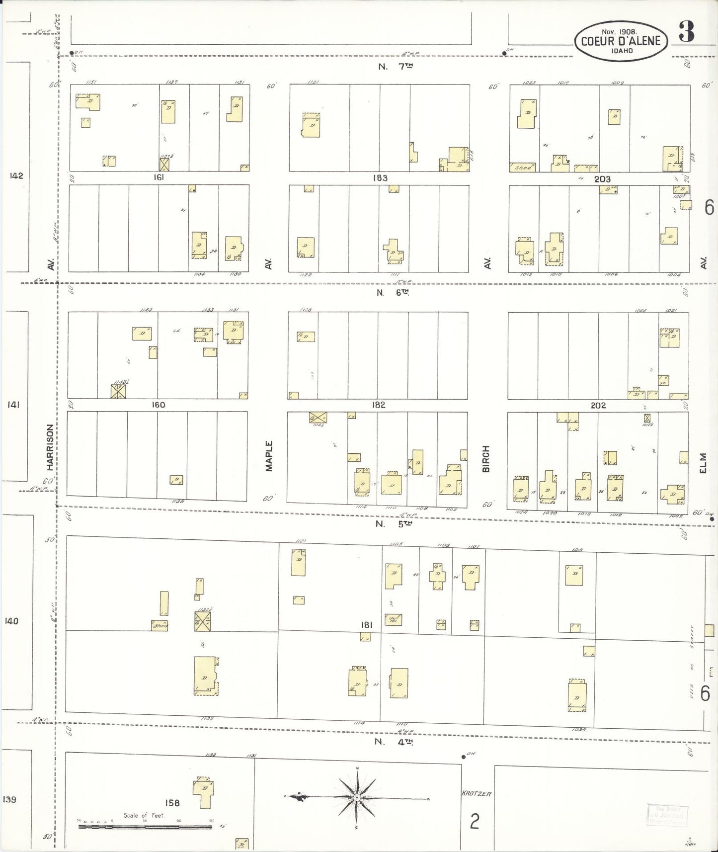 Sanborn Fire Insurance Map from Coeur D'alene, Kootenai County, Idaho (1908), Sheet #0003 - Complete Map Set gallery image, historic Sanborn map, vintage wall art, Idaho Idaho