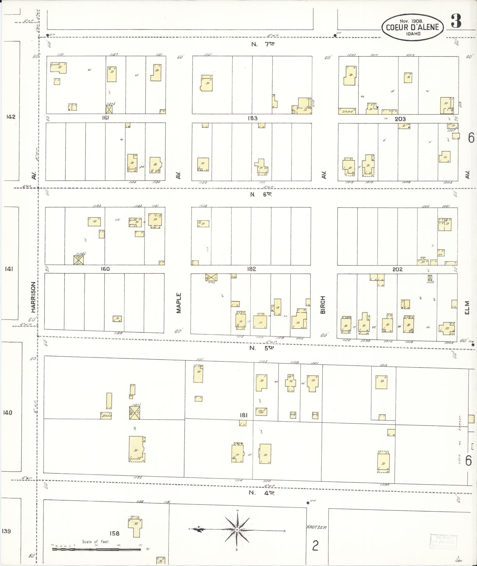 Sanborn Fire Insurance Map from Coeur D'alene, Kootenai County, Idaho (1908), Sheet #0003 - Complete Map Set gallery image, historic Sanborn map, vintage wall art, Idaho Idaho