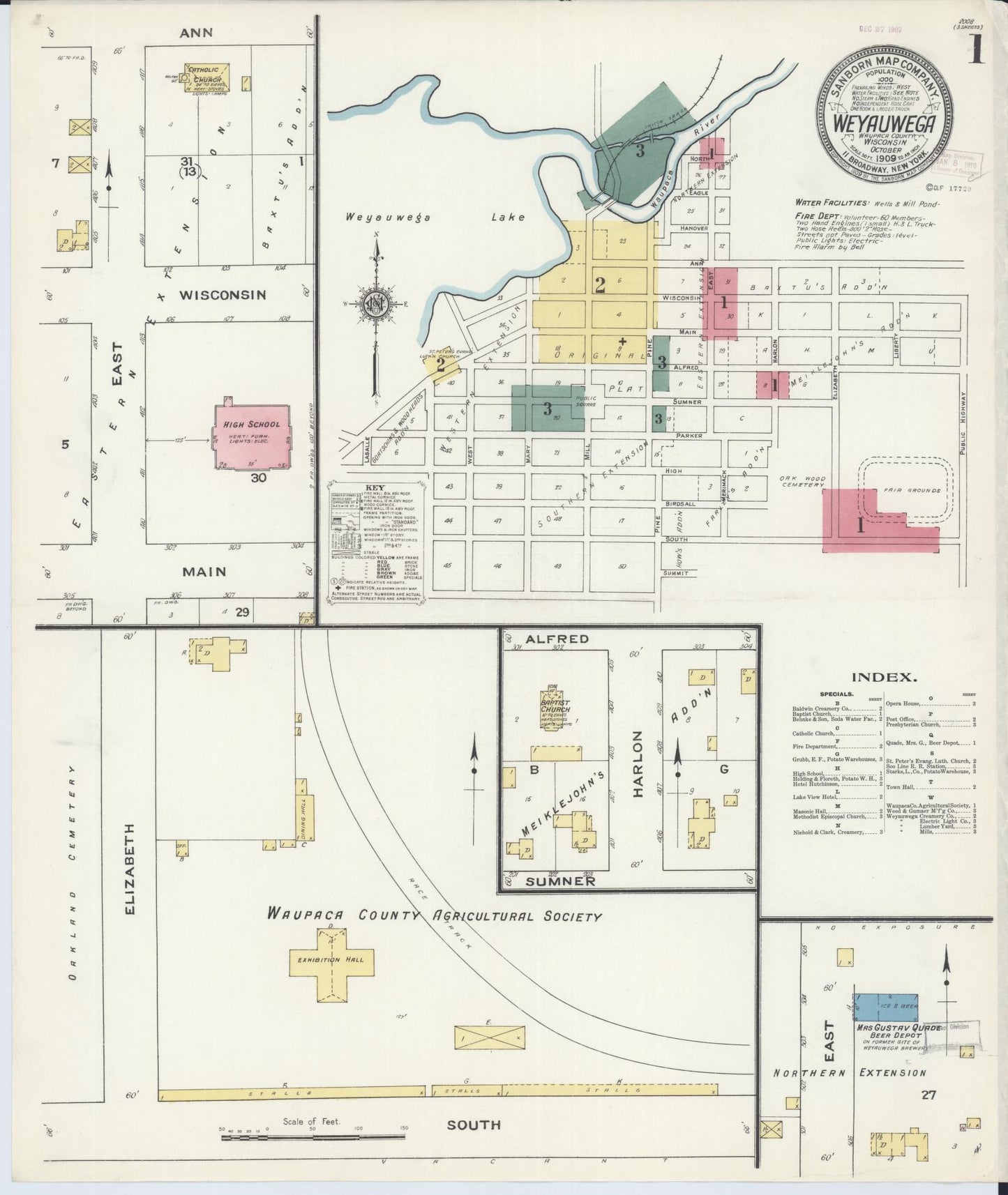 Sanborn Fire Insurance Map from Weyauwega, Waupaca County, Wisconsin (1909), Sheet #0001 - Complete Map Set gallery image, historic Sanborn map, vintage wall art, Wisconsin Wisconsin