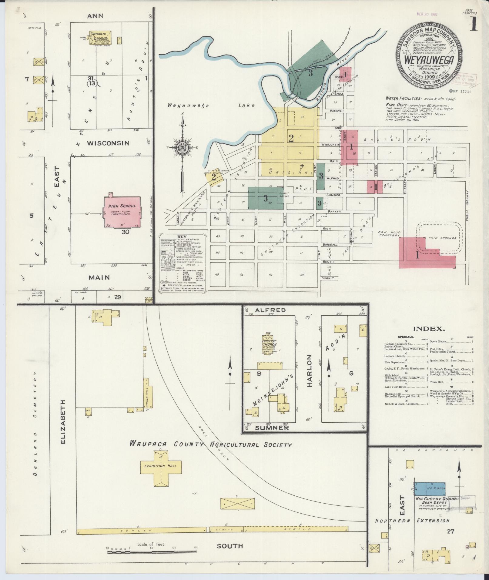 Sanborn Fire Insurance Map from Weyauwega, Waupaca County, Wisconsin (1909), Sheet #0001 - Complete Map Set gallery image, historic Sanborn map, vintage wall art, Wisconsin Wisconsin
