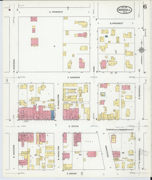 Sanborn Fire Insurance Map from Marshall, Calhoun County, Michigan (1916), Sheet #0006 - Historic Sanborn Fire Insurance Map Print, vintage old map wall art, antique decor, genealogy gift, Michigan Michigan map