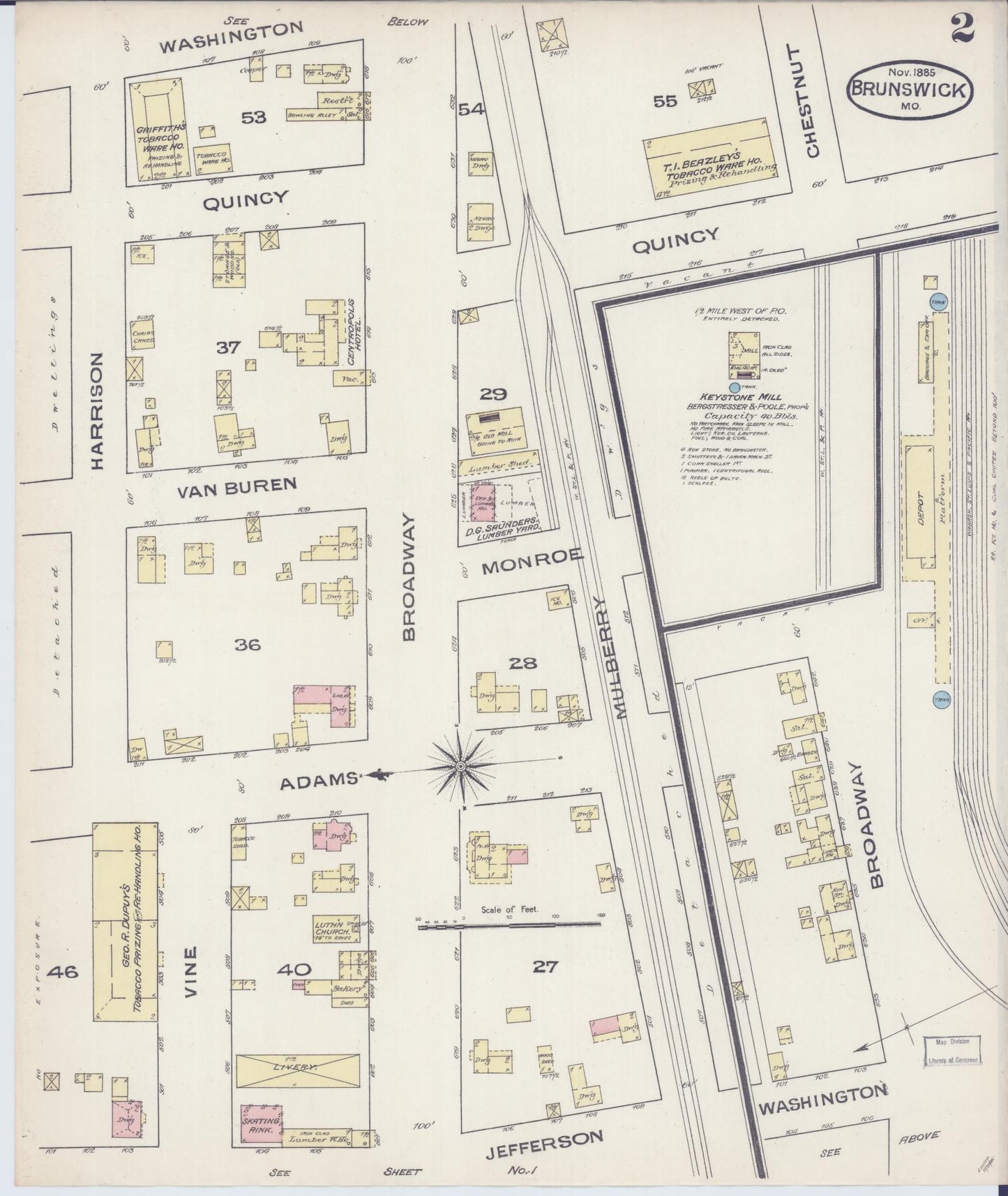 Sanborn Fire Insurance Map from Brunswick, Chariton County, Missouri (1885), Sheet #0002 - Complete Map Set gallery image, historic Sanborn map, vintage wall art, Missouri Missouri