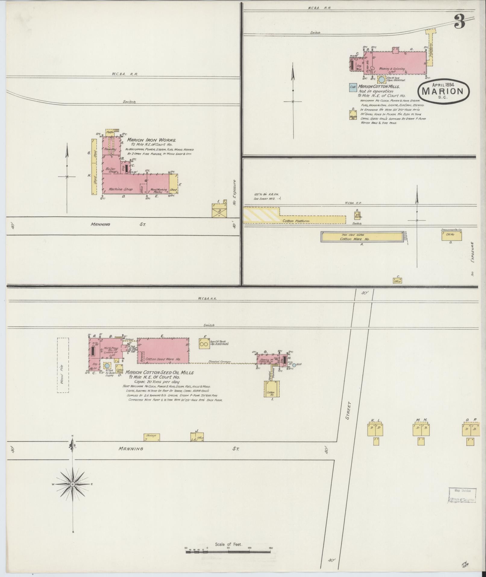 Sanborn Fire Insurance Map from Marion, Marion County, South Carolina (1894), Sheet #0003 - Complete Map Set gallery image, historic Sanborn map, vintage wall art, South Carolina South Carolina