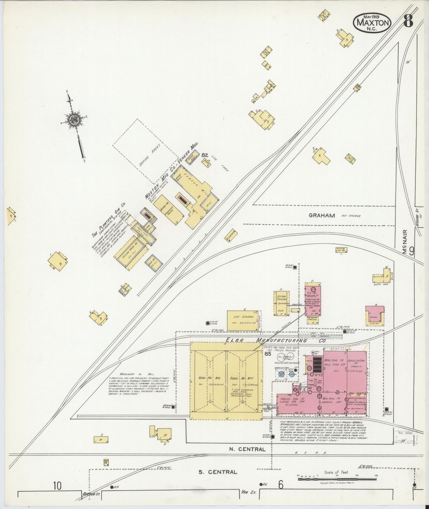 Sanborn Fire Insurance Map from Maxton, Robeson County, North Carolina (1919), Sheet #0008 - Complete Map Set gallery image, historic Sanborn map, vintage wall art, North Carolina North Carolina