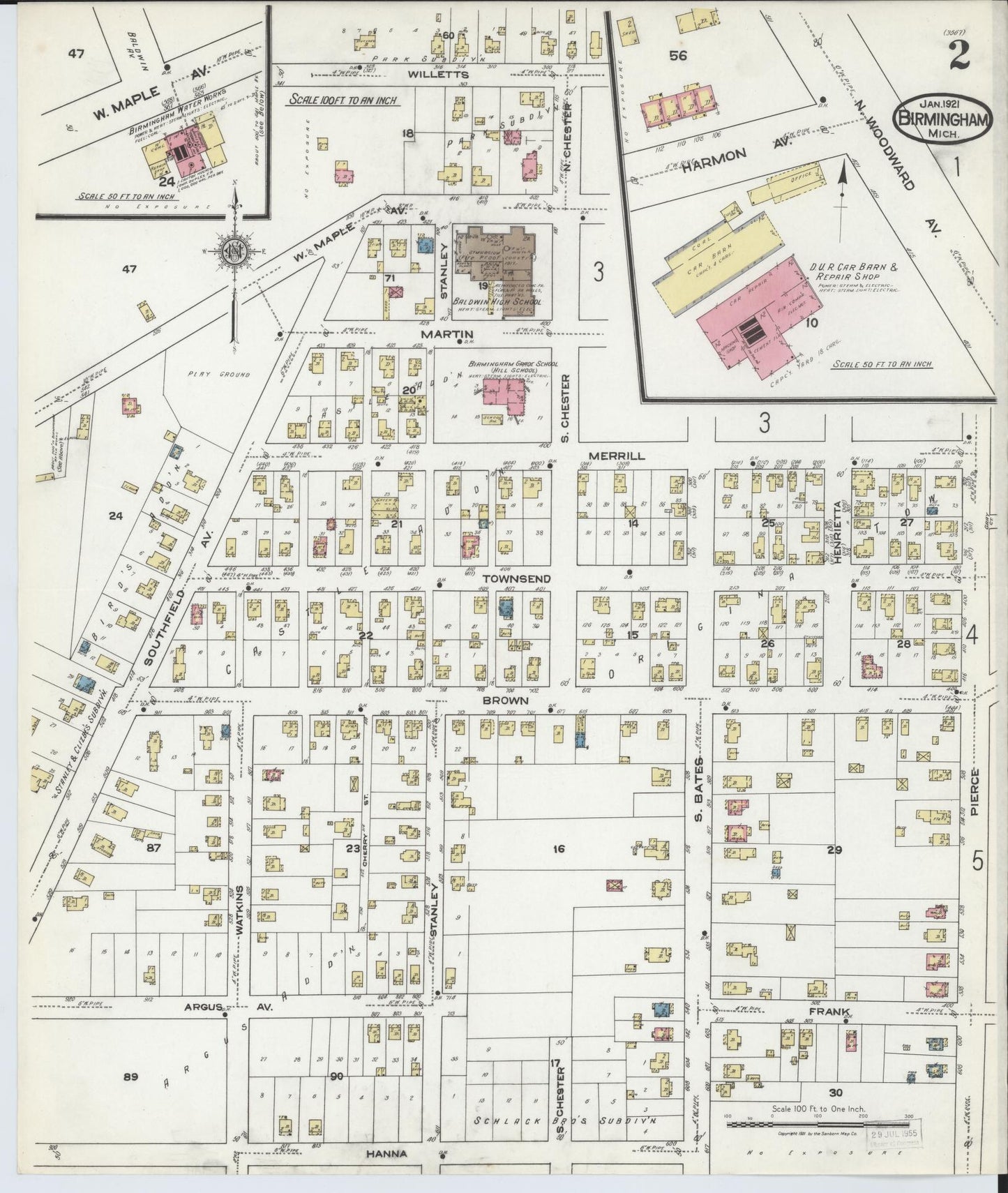 Sanborn Fire Insurance Map from Birmingham, Oakland County, Michigan (1921), Sheet #0002 - Complete Map Set gallery image, historic Sanborn map, vintage wall art, Michigan Michigan