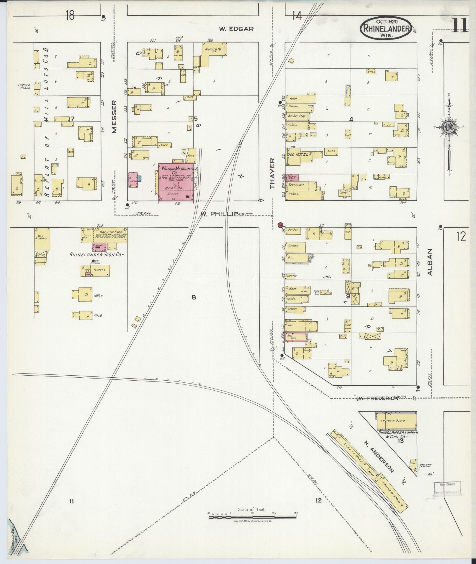 Sanborn Fire Insurance Map from Rhinelander, Oneida County, Wisconsin (1920), Sheet #0011 - Historic Sanborn Fire Insurance Map Print, vintage old map wall art, antique decor, genealogy gift, Wisconsin Wisconsin map