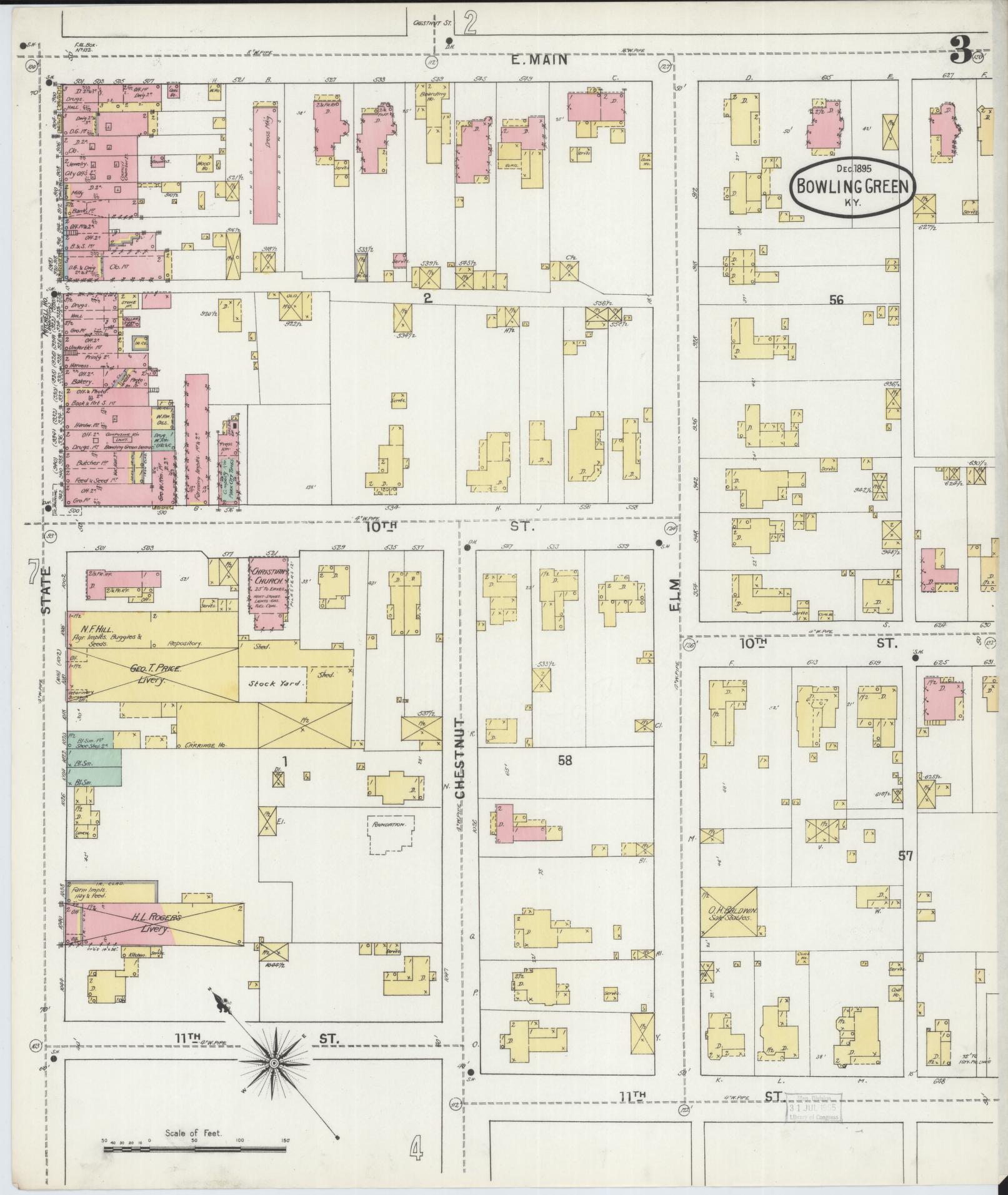 Sanborn Fire Insurance Map from Bowling Green, Warren County, Kentucky (1895), Sheet #0003 - Complete Map Set gallery image, historic Sanborn map, vintage wall art, Kentucky Kentucky