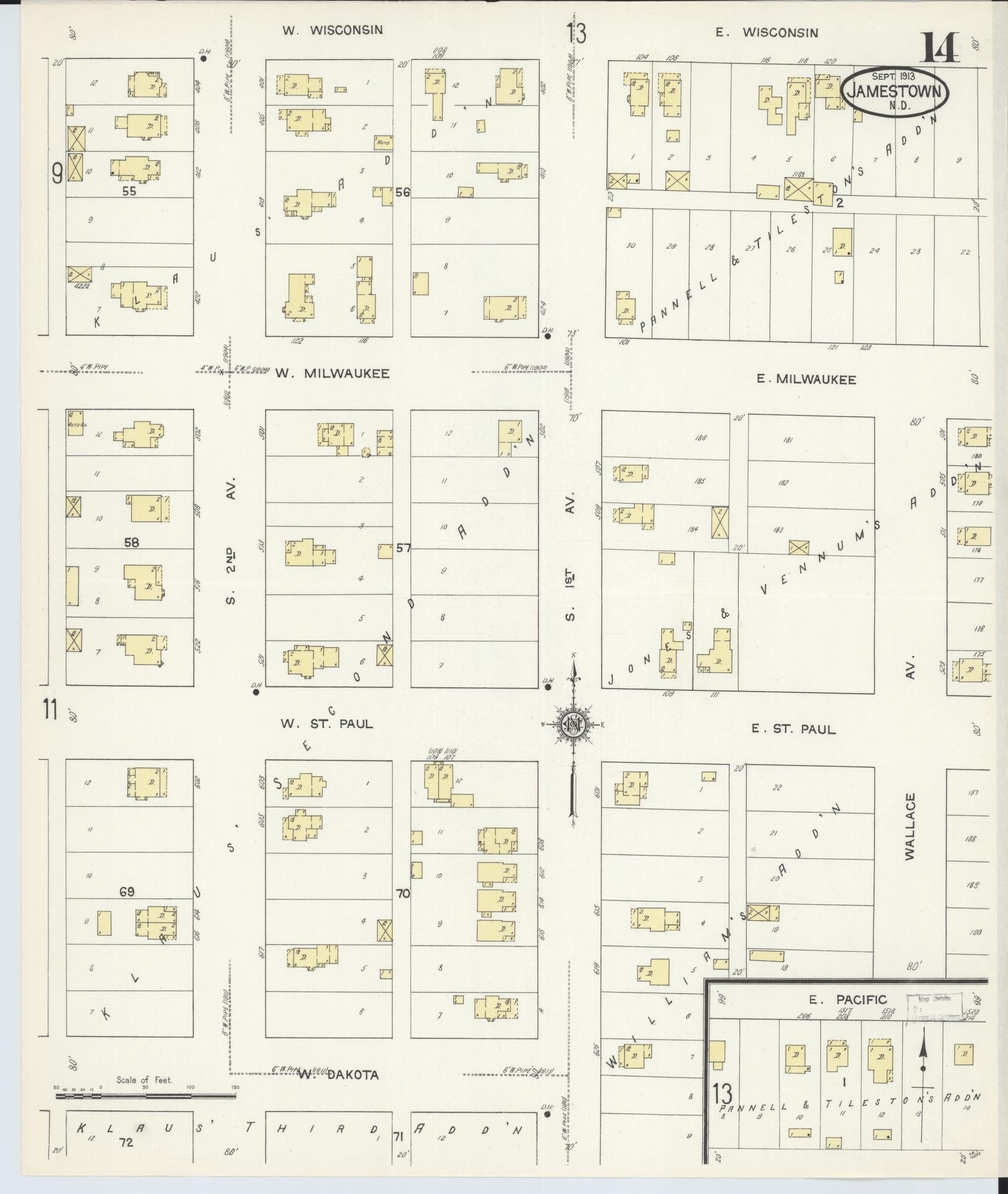 Sanborn Fire Insurance Map from Jamestown, Stutsman County, North Dakota (1913), Sheet #0014 - Historic Sanborn Fire Insurance Map Print, vintage old map wall art, antique decor, genealogy gift, North Dakota North Dakota map
