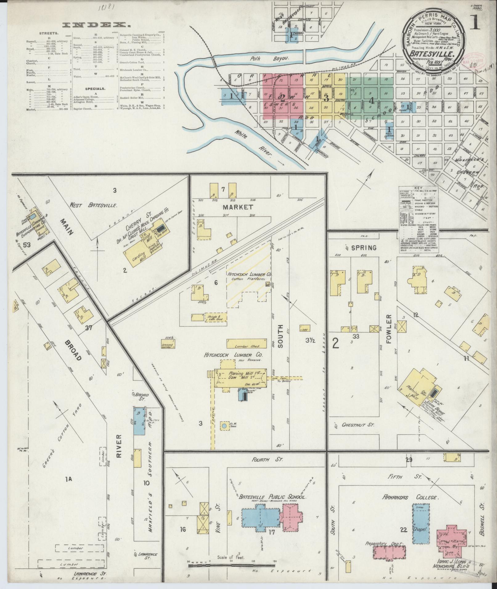 Sanborn Fire Insurance Map from Batesville, Independence County, Arkansas (1897), Sheet #0001 - Complete Map Set gallery image, historic Sanborn map, vintage wall art, Arkansas Arkansas