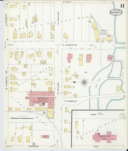 Sanborn Fire Insurance Map from Greenville, Montcalm County, Michigan (1908), Sheet #0011 - Complete Map Set gallery image, historic Sanborn map, vintage wall art, Michigan Michigan