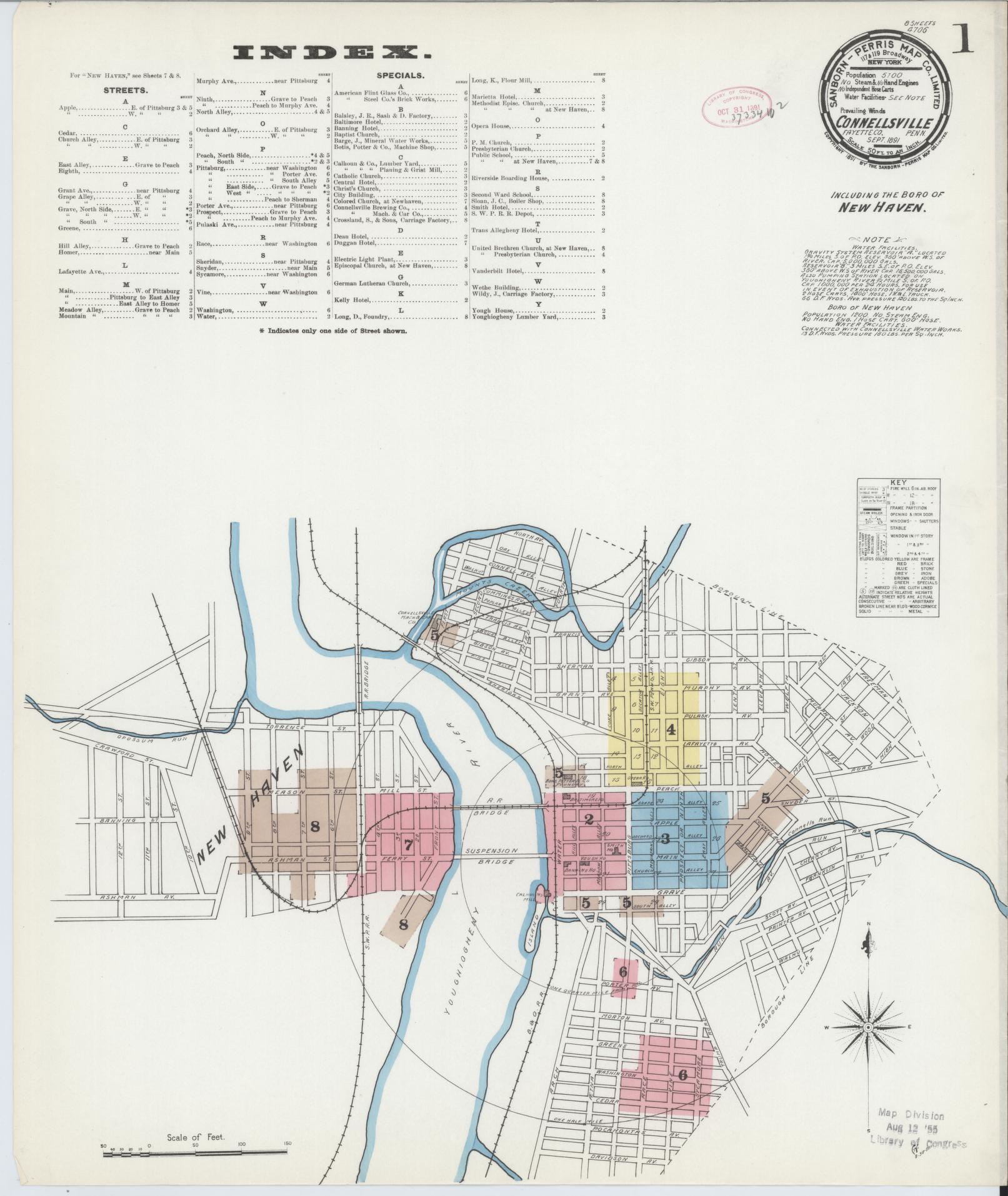 Sanborn Fire Insurance Map from Connellsville, Fayette County, Pennsylvania (1891), Sheet #0001 - Historic Sanborn Fire Insurance Map Print, vintage old map wall art, antique decor, genealogy gift, Pennsylvania Pennsylvania map