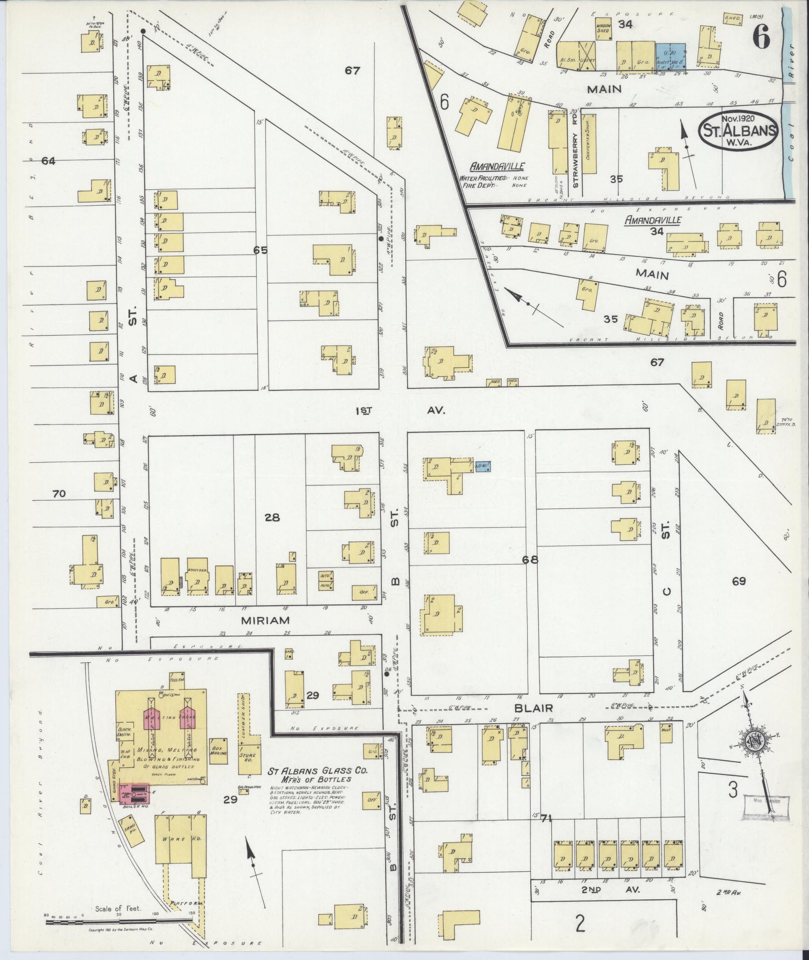 Sanborn Fire Insurance Map from Saint Albans, Kanawha County, West Virginia (1920), Sheet #0006 - Historic Sanborn Fire Insurance Map Print, vintage old map wall art, antique decor, genealogy gift, West Virginia West Virginia map