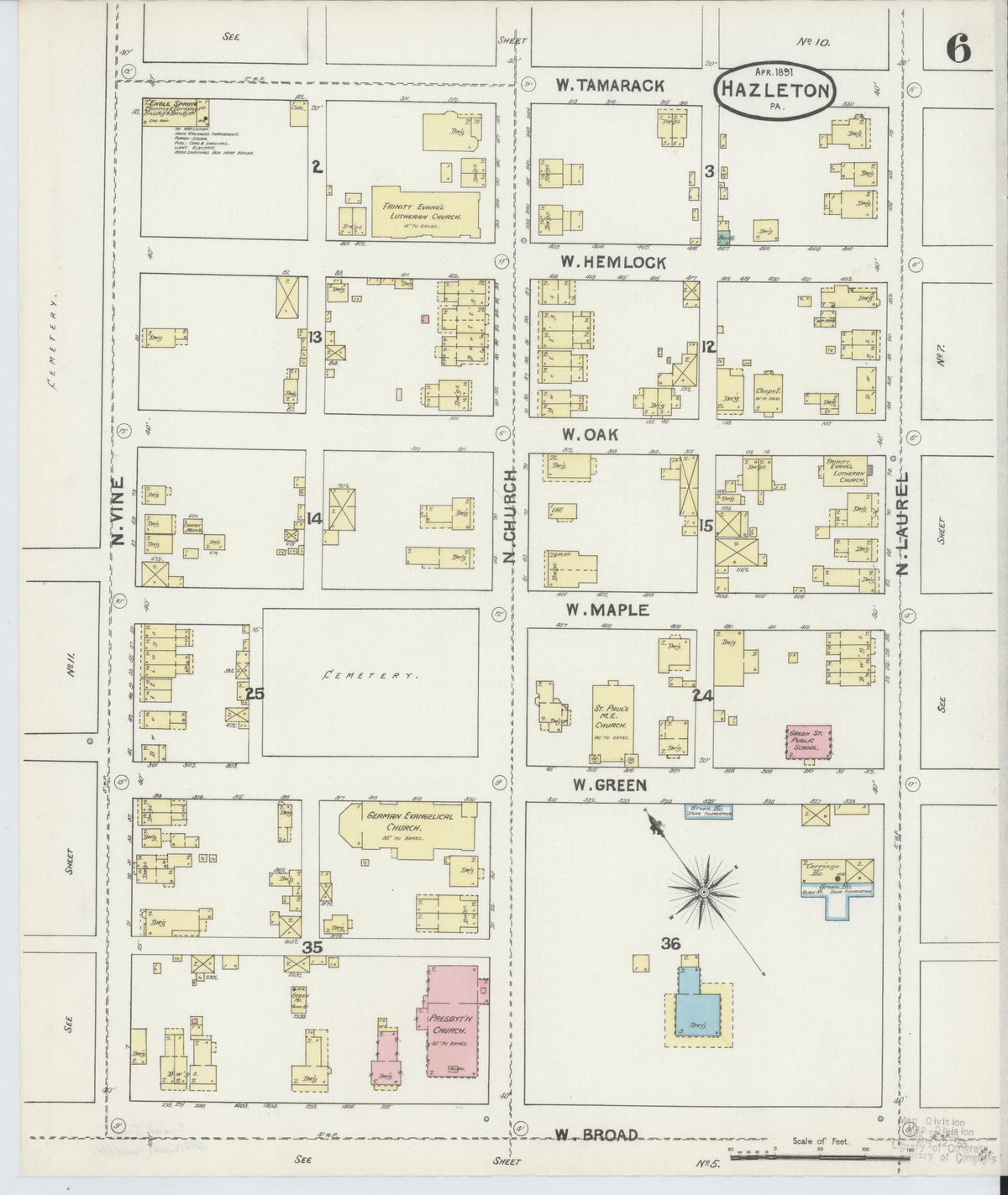 Sanborn Fire Insurance Map from Hazleton, Luzerne County, Pennsylvania (1891), Sheet #0006 - Historic Sanborn Fire Insurance Map Print, vintage old map wall art, antique decor, genealogy gift, Pennsylvania Pennsylvania map