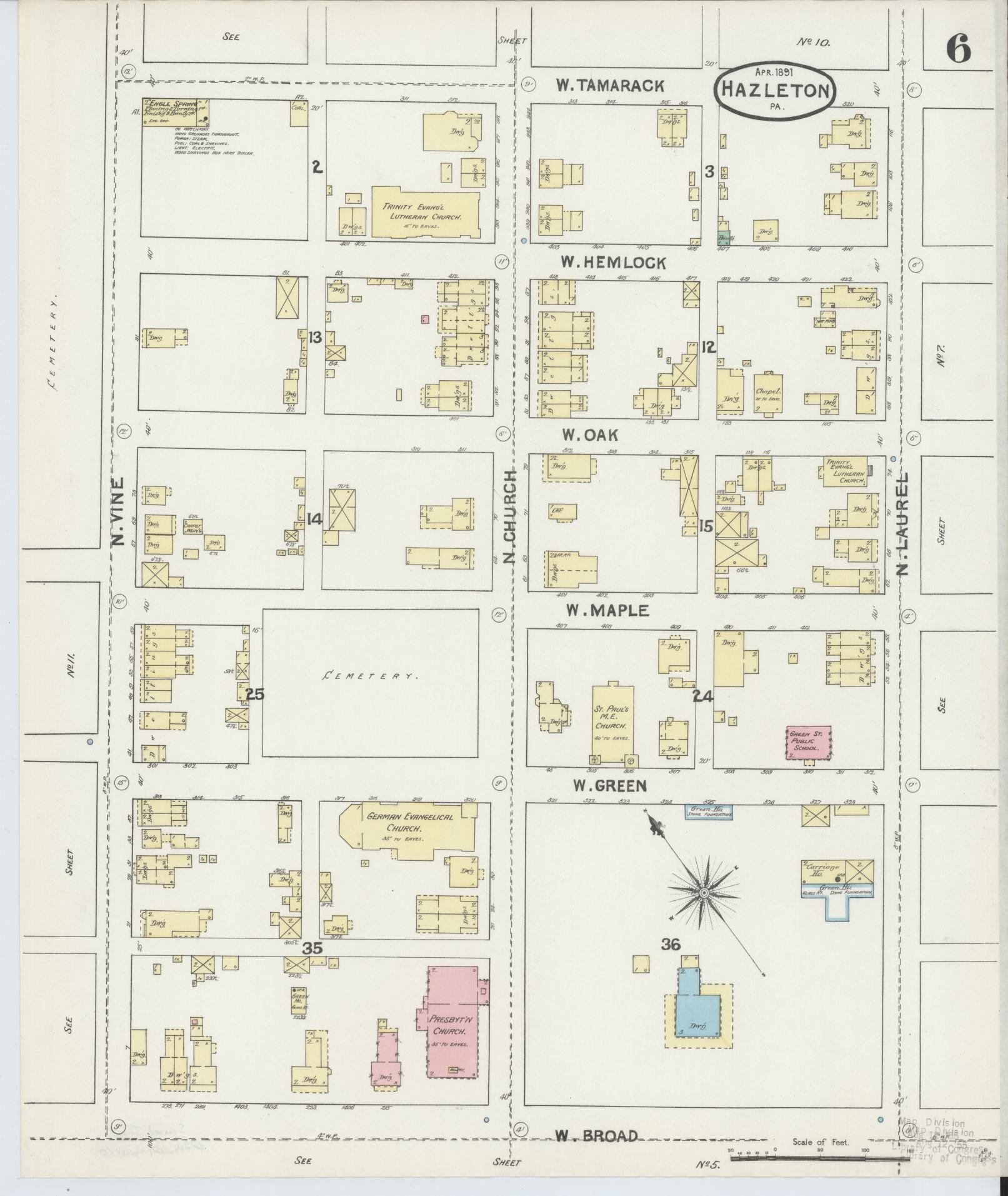 Sanborn Fire Insurance Map from Hazleton, Luzerne County, Pennsylvania (1891), Sheet #0006 - Historic Sanborn Fire Insurance Map Print, vintage old map wall art, antique decor, genealogy gift, Pennsylvania Pennsylvania map