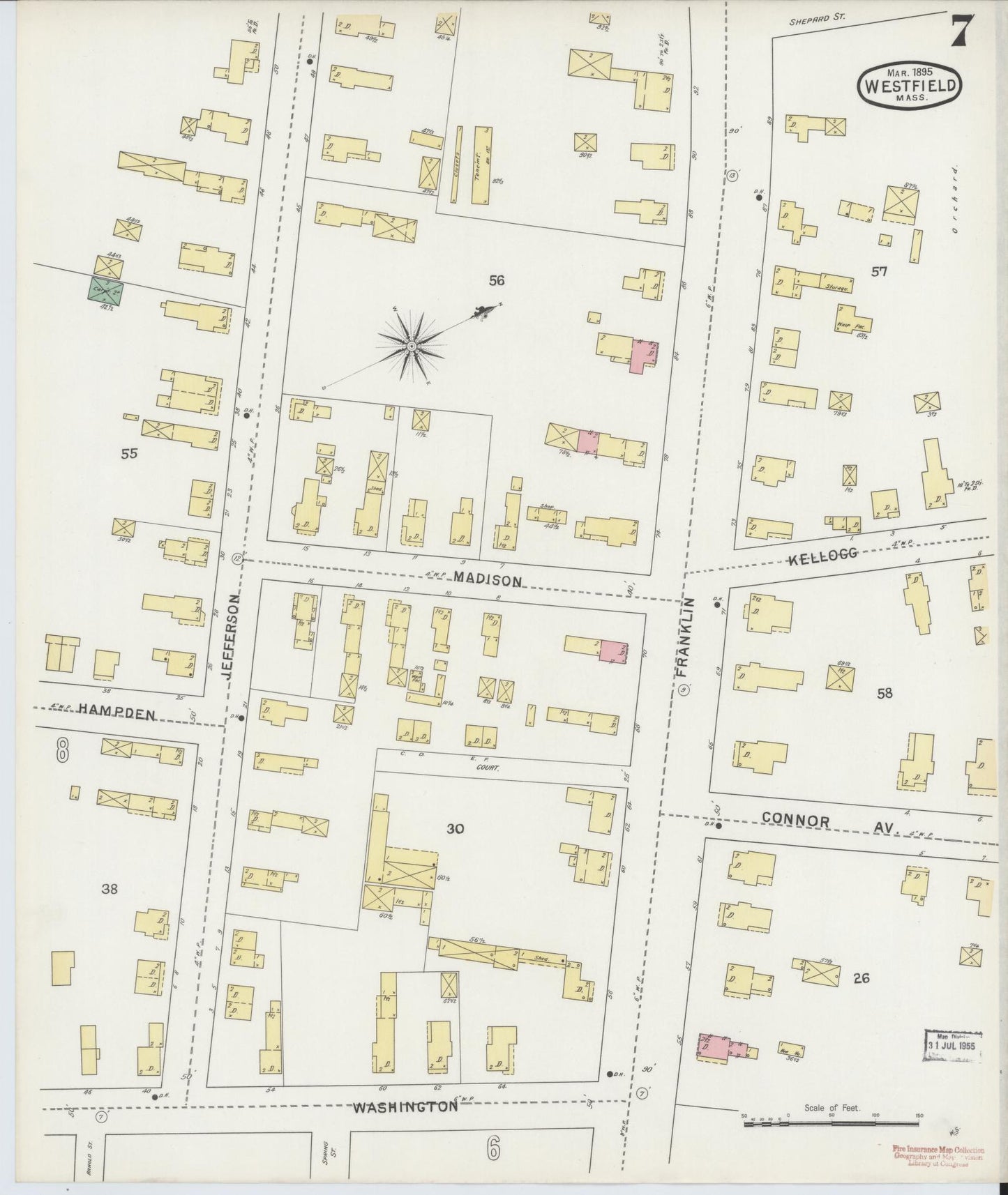 Sanborn Fire Insurance Map from Westfield, Hampden County, Massachusetts (1895), Sheet #0007 - Complete Map Set gallery image, historic Sanborn map, vintage wall art, Massachusetts Massachusetts