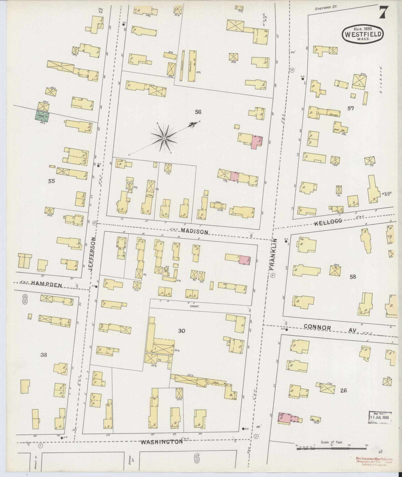 Sanborn Fire Insurance Map from Westfield, Hampden County, Massachusetts (1895), Sheet #0007 - Complete Map Set gallery image, historic Sanborn map, vintage wall art, Massachusetts Massachusetts