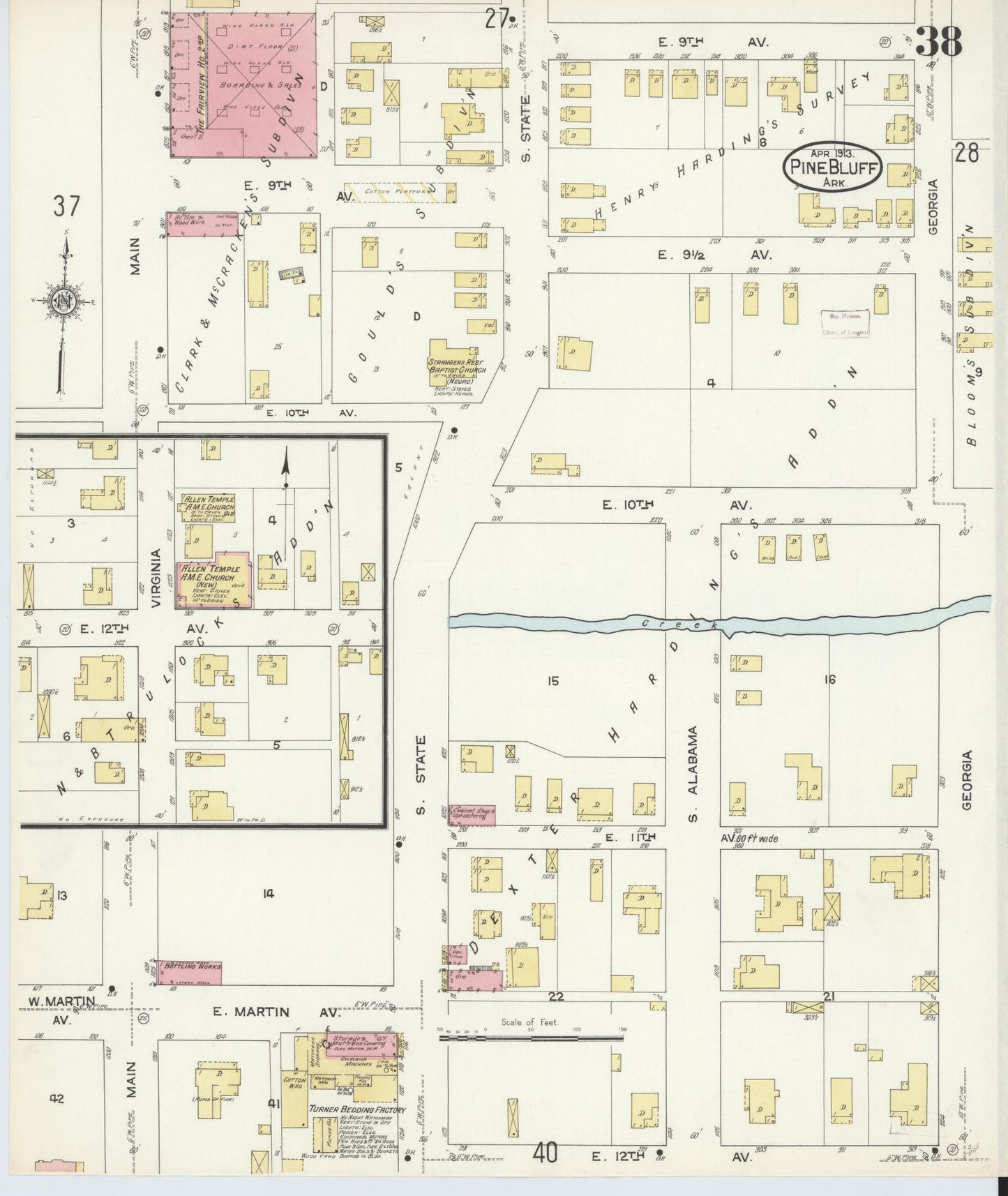 Sanborn Fire Insurance Map from Pine Bluff, Jefferson County, Arkansas (1913), Sheet #0038 - Historic Sanborn Fire Insurance Map Print, vintage old map wall art, antique decor, genealogy gift, Arkansas Arkansas map